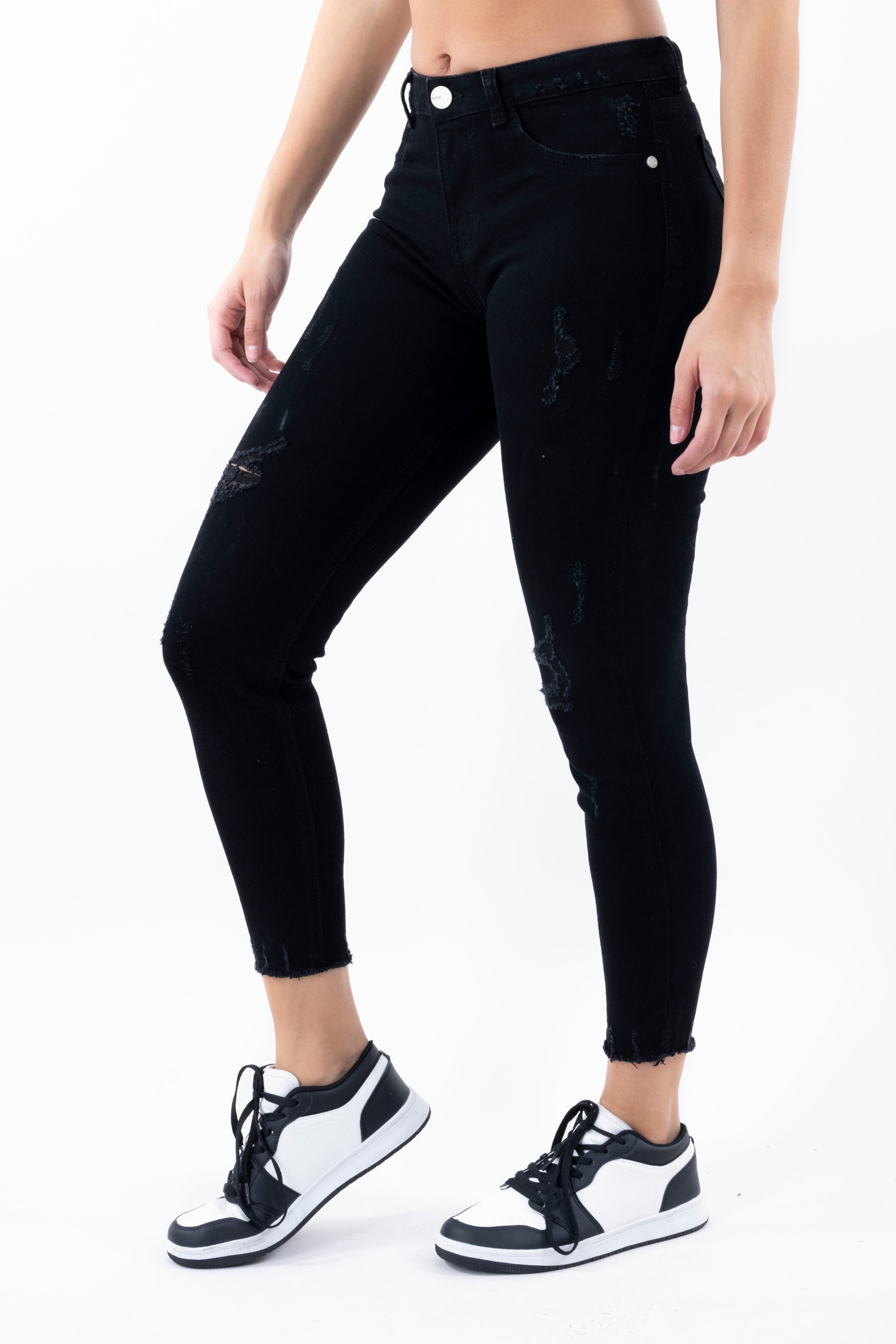 Jeans cintura media destrucciones flecos NEGRO
