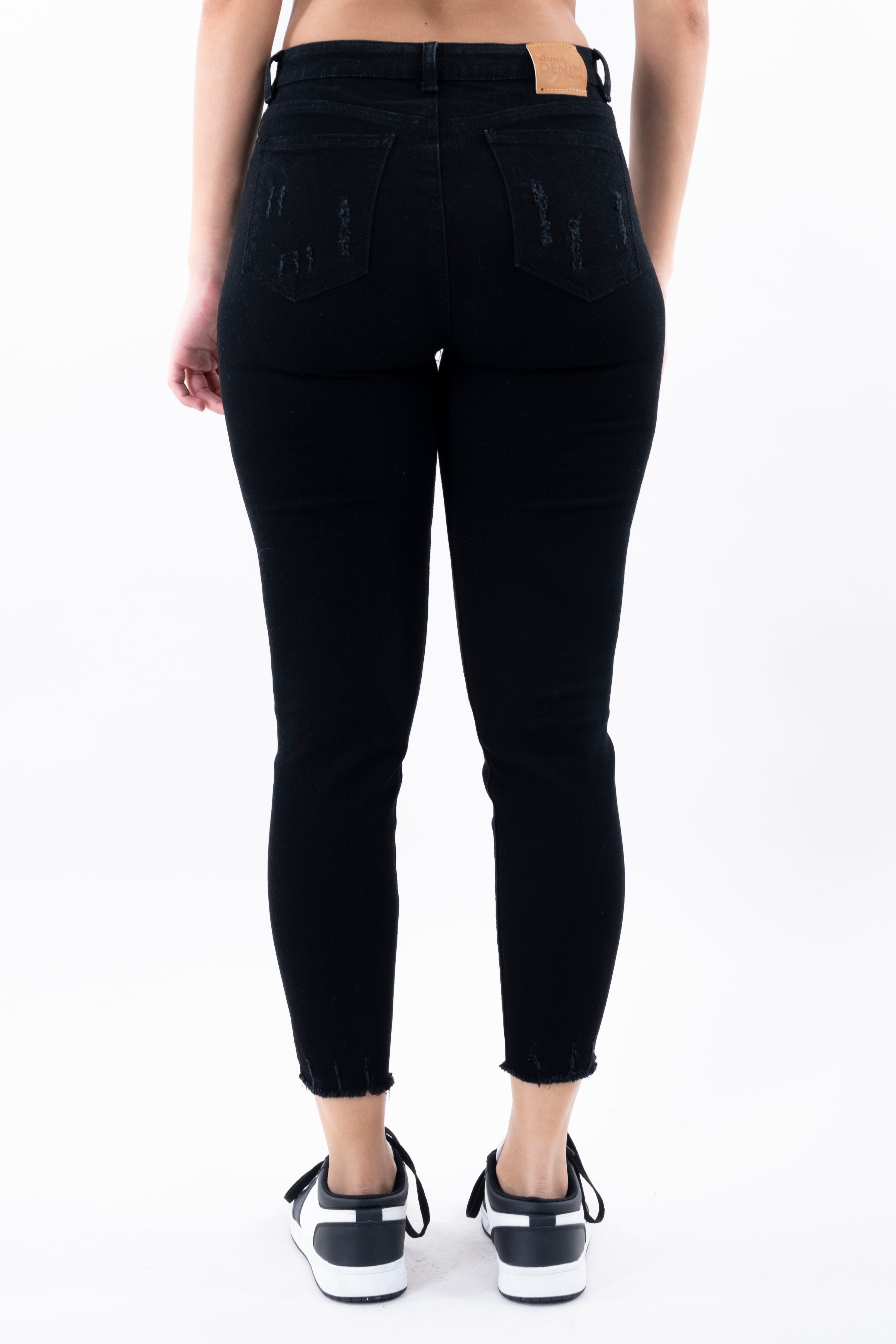 Jeans cintura media destrucciones flecos NEGRO