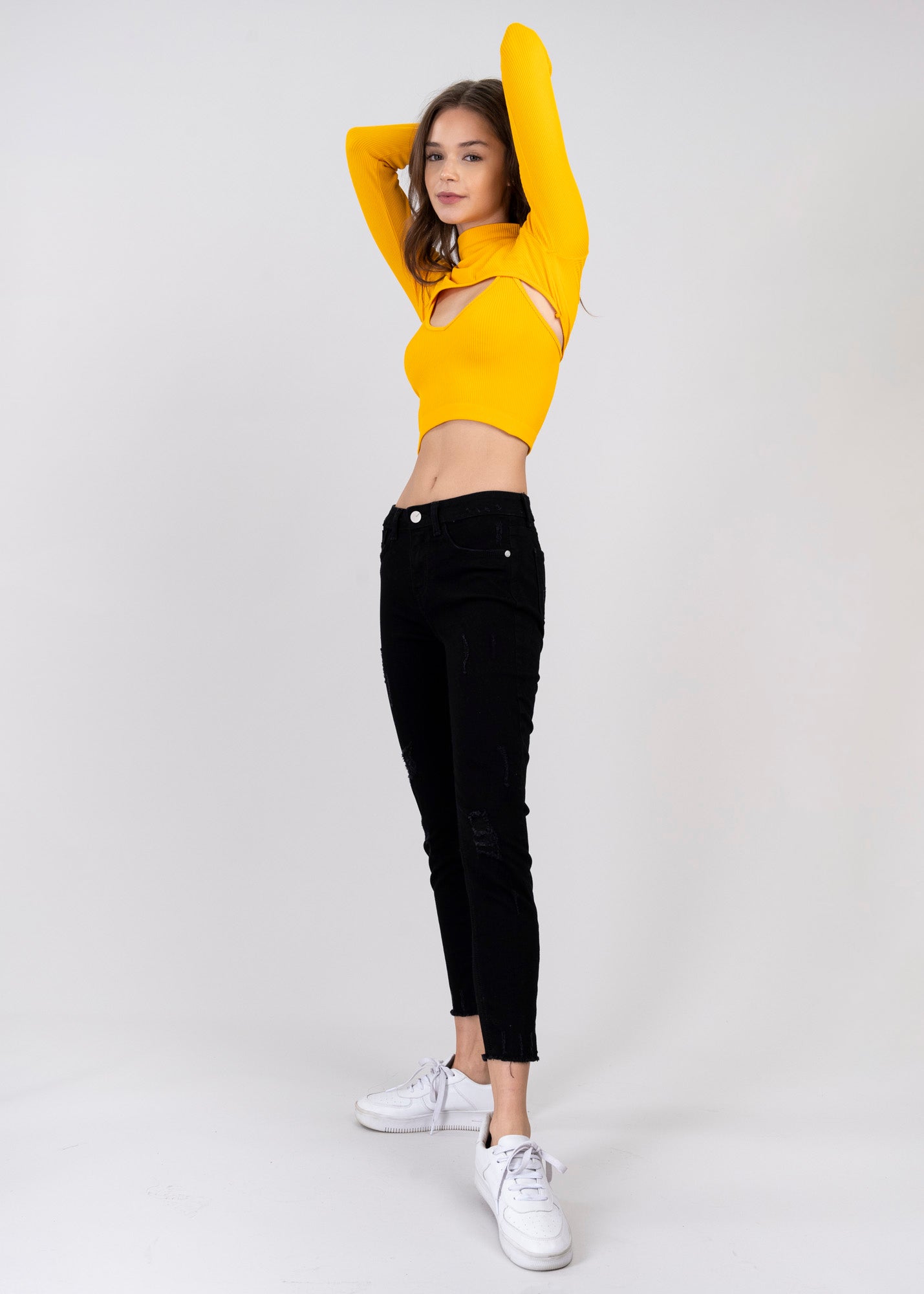 Jeans cintura media destrucciones flecos NEGRO