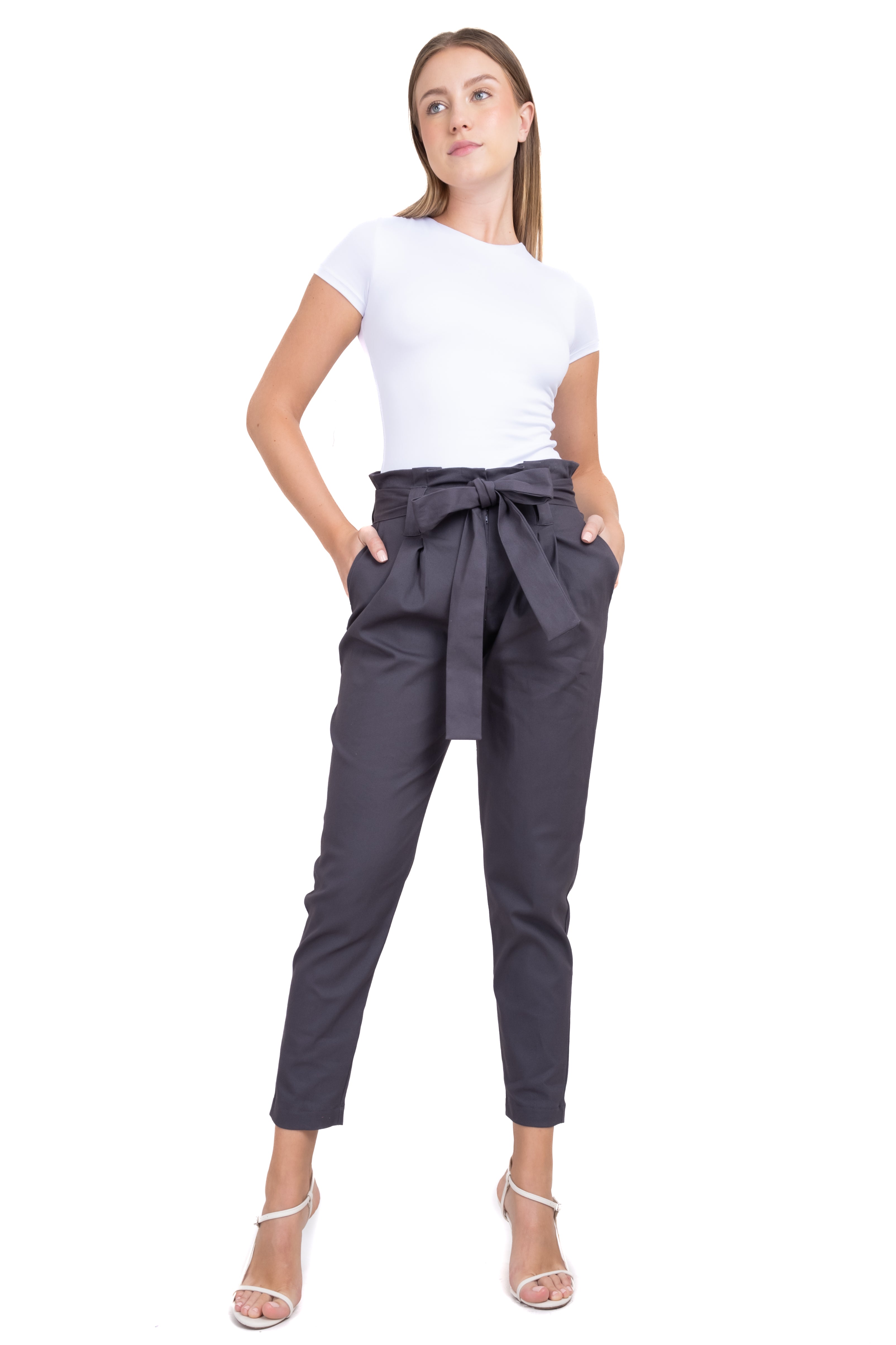 Paper Bag Pantalon Kaki Clair Femme Pantalon Paper Bag Gris