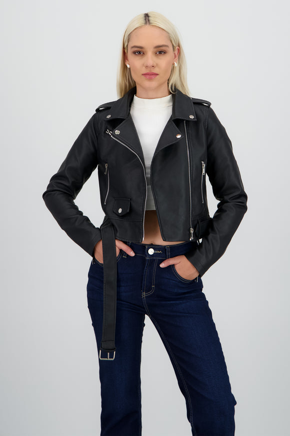 Chamarra Biker Efecto Piel Cierre