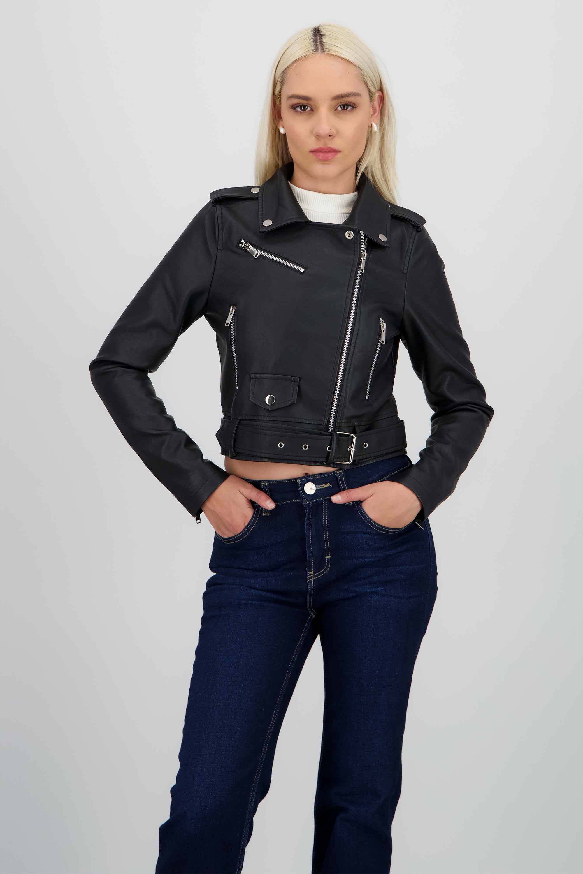 Chamarra Biker Efecto Piel Cierre