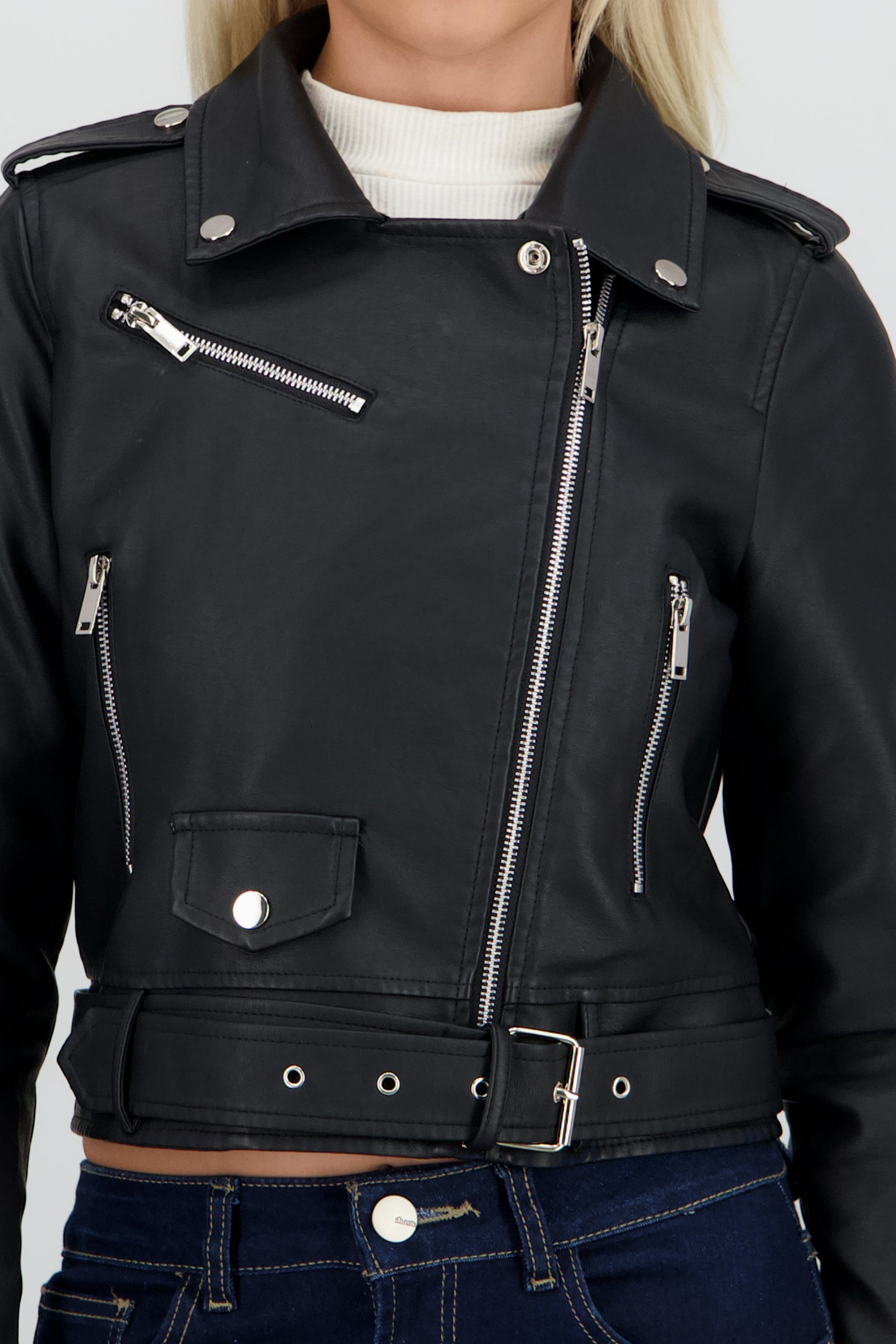 Chamarra Biker Efecto Piel Cierre NEGRO