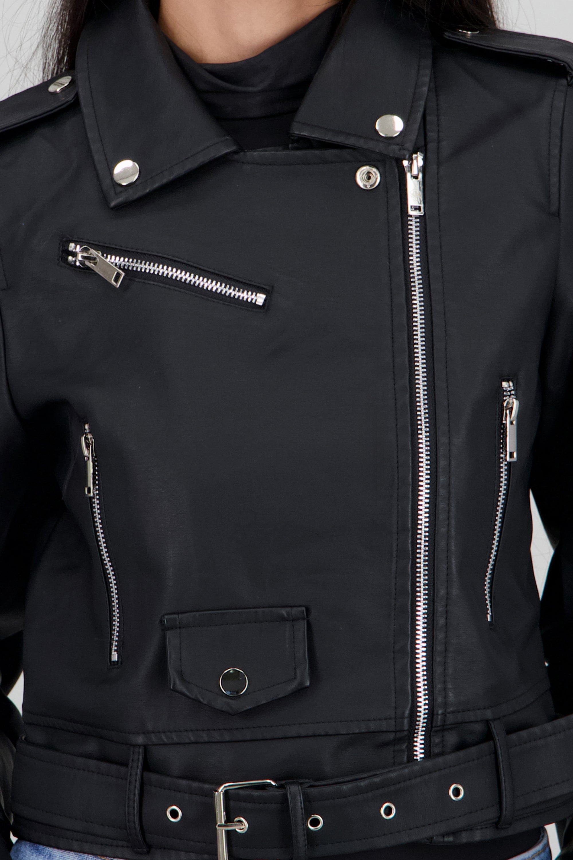 Chamarra Biker Efecto Piel Cierre NEGRO