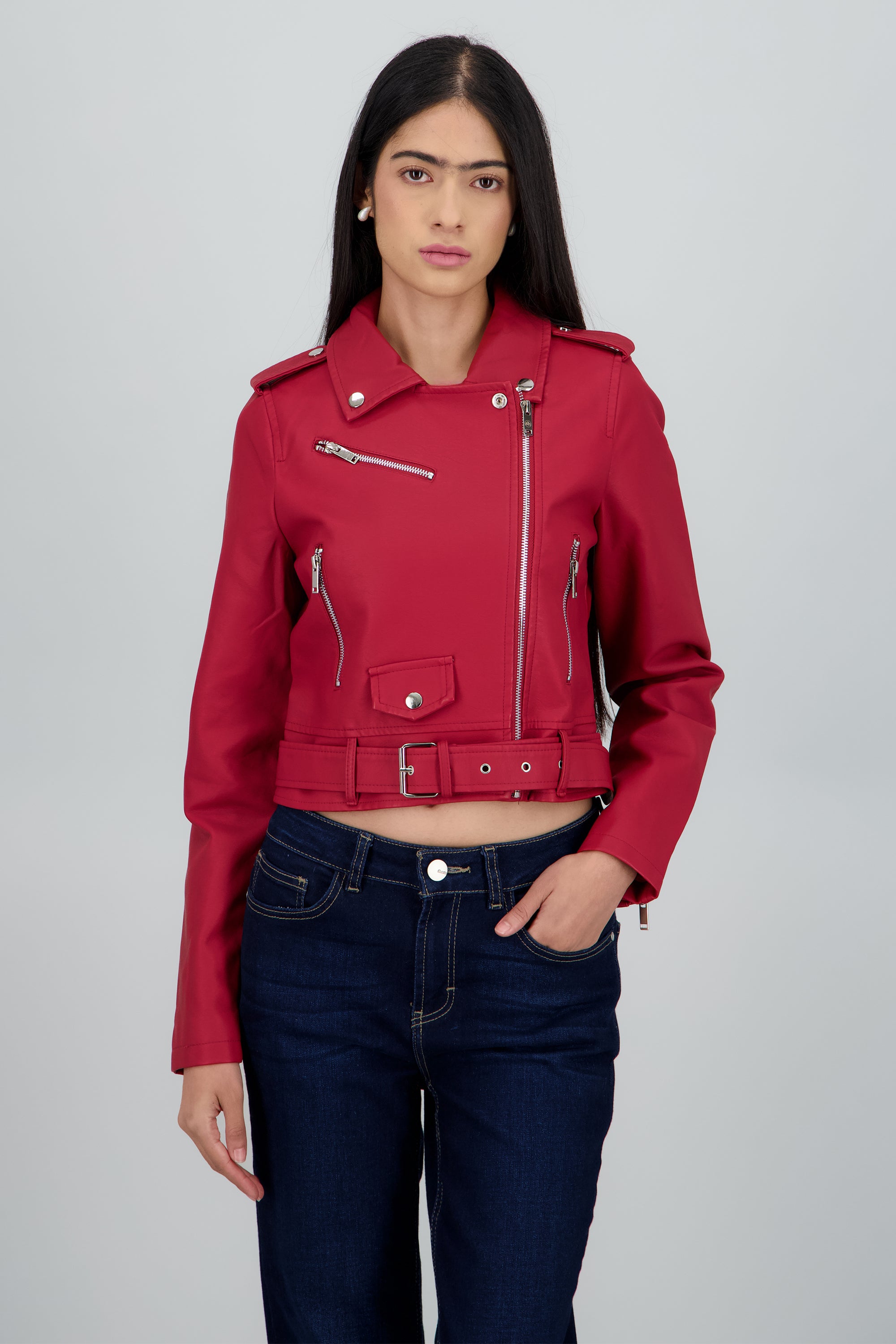 Chamarra Biker Efecto Piel Cierre ROJO CEREZA