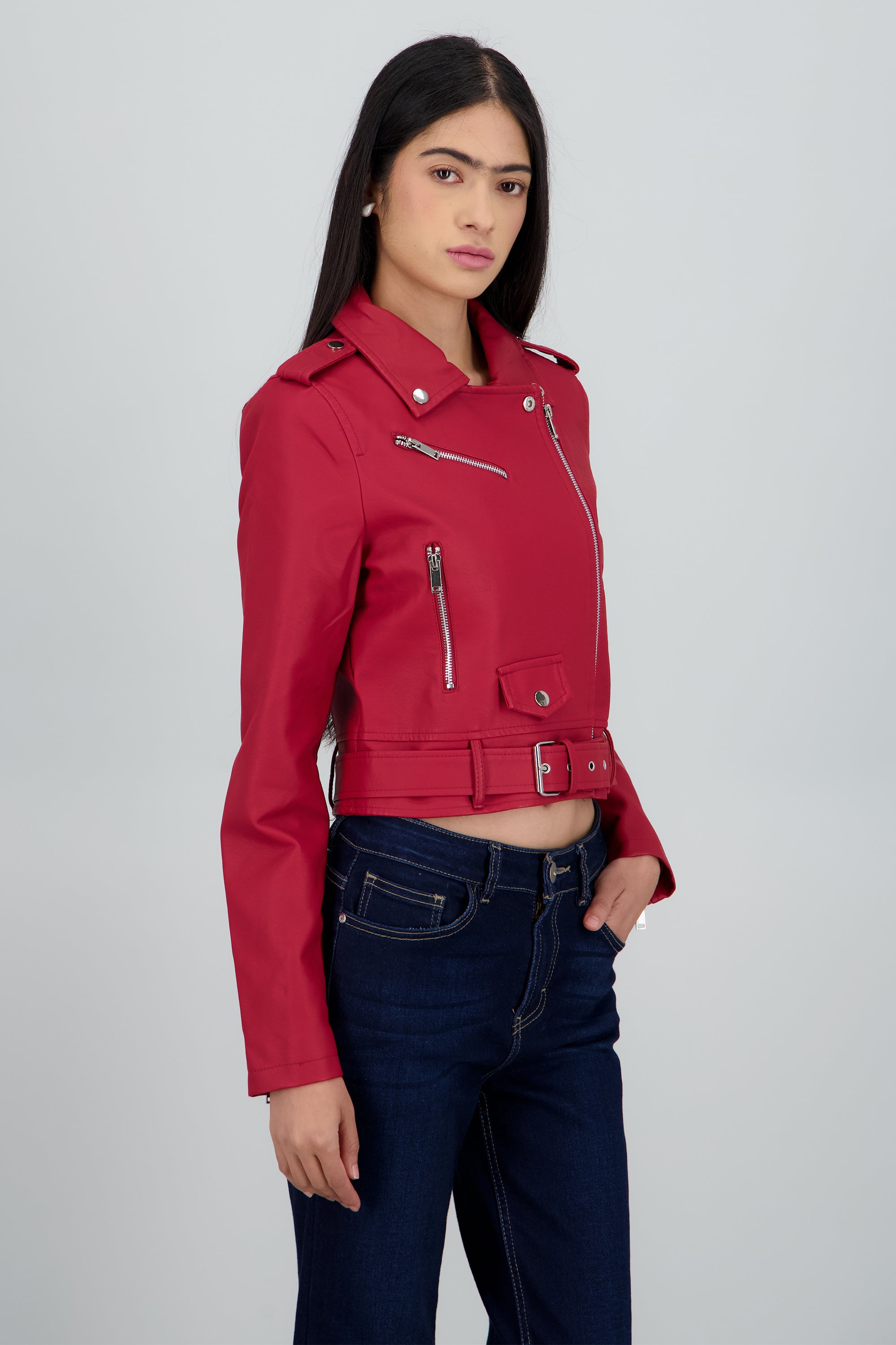 Chamarra Biker Efecto Piel Cierre ROJO CEREZA