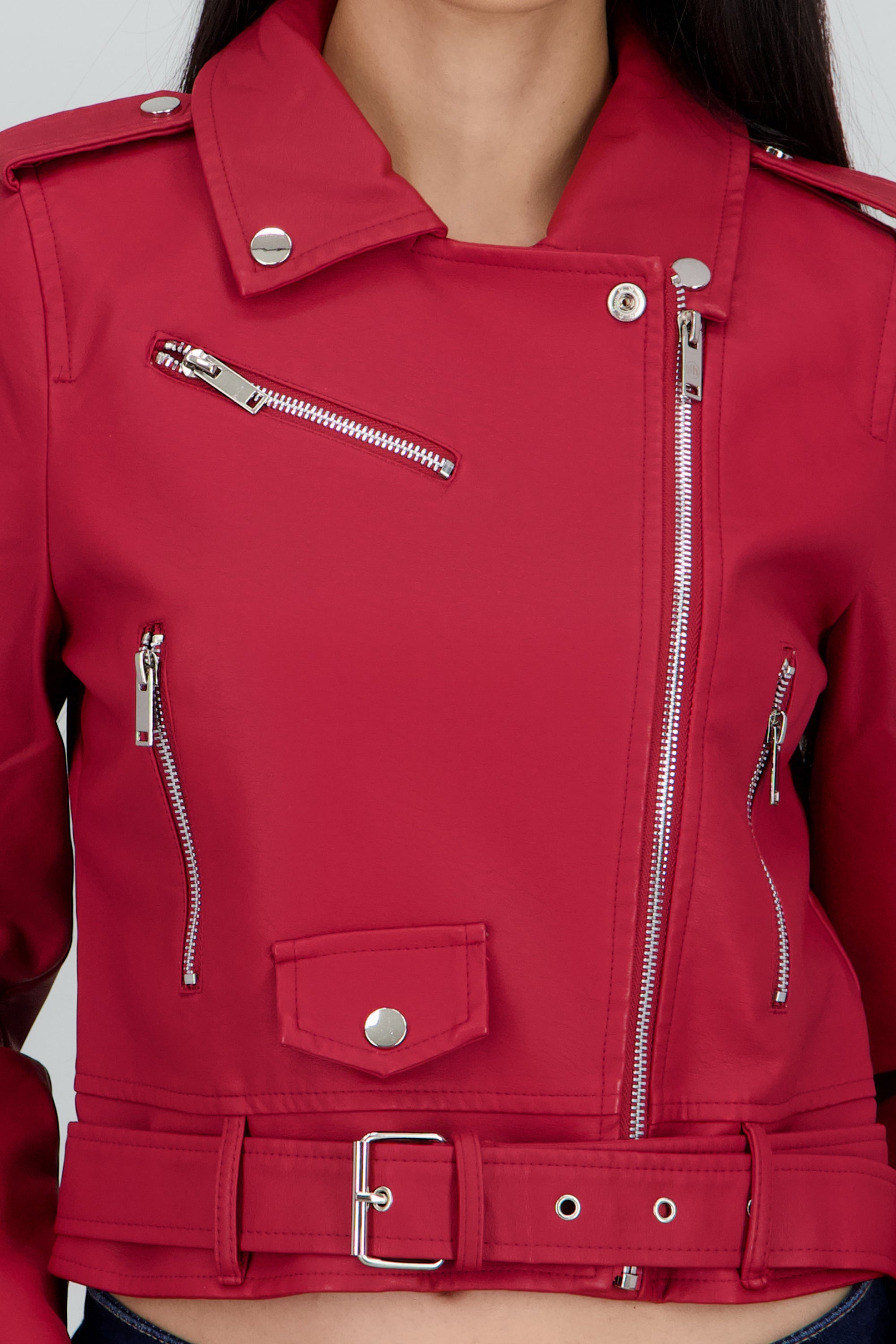 Chamarra Biker Efecto Piel Cierre ROJO CEREZA