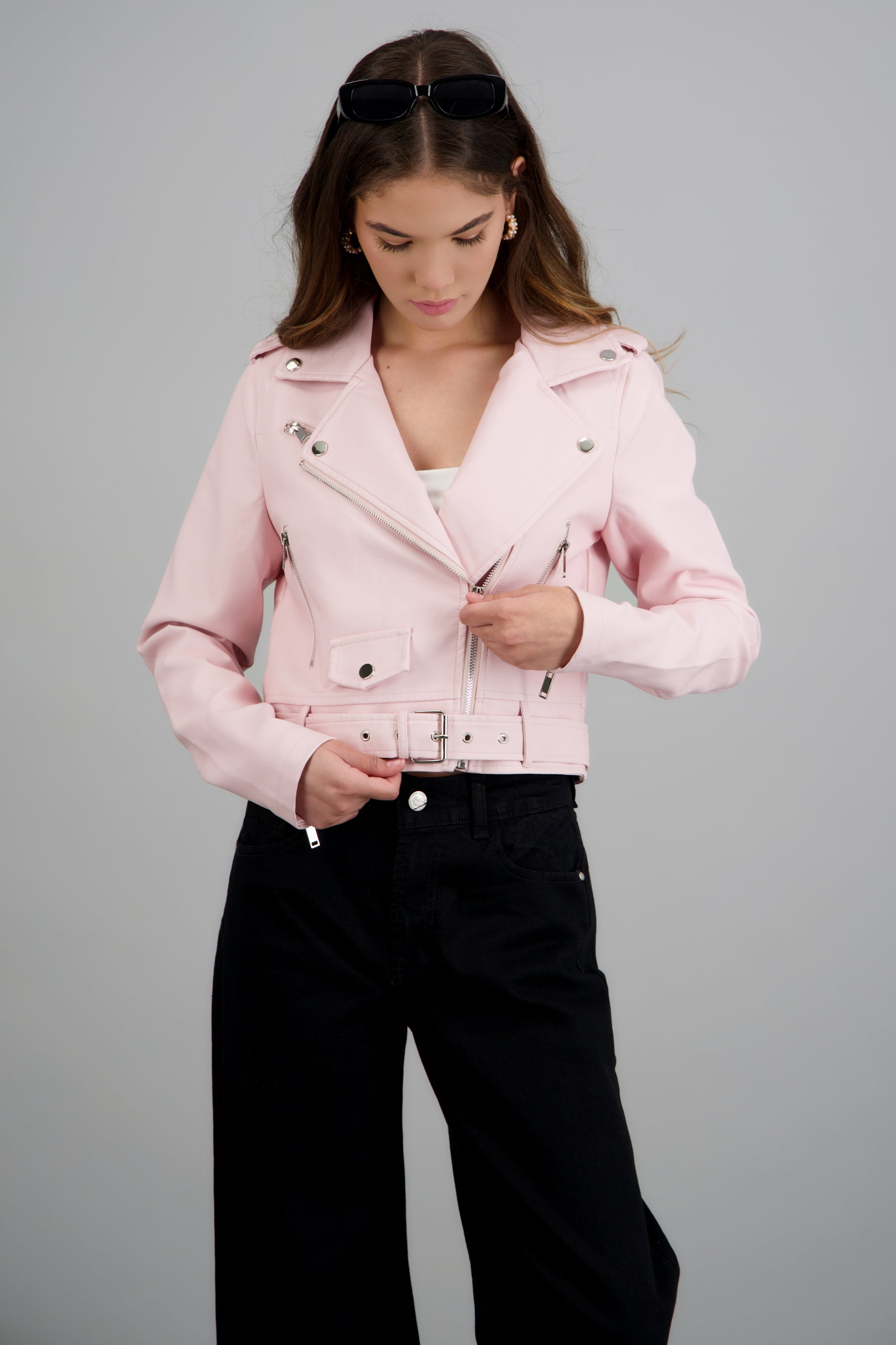 Chamarra Biker Efecto Piel Cierre ROSA PASTEL