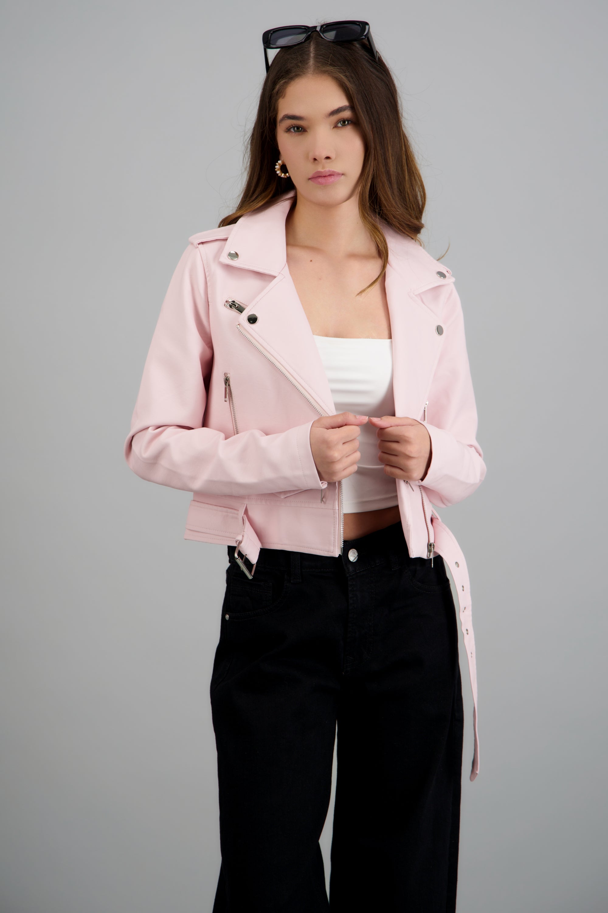 Chamarra Biker Efecto Piel Cierre ROSA PASTEL