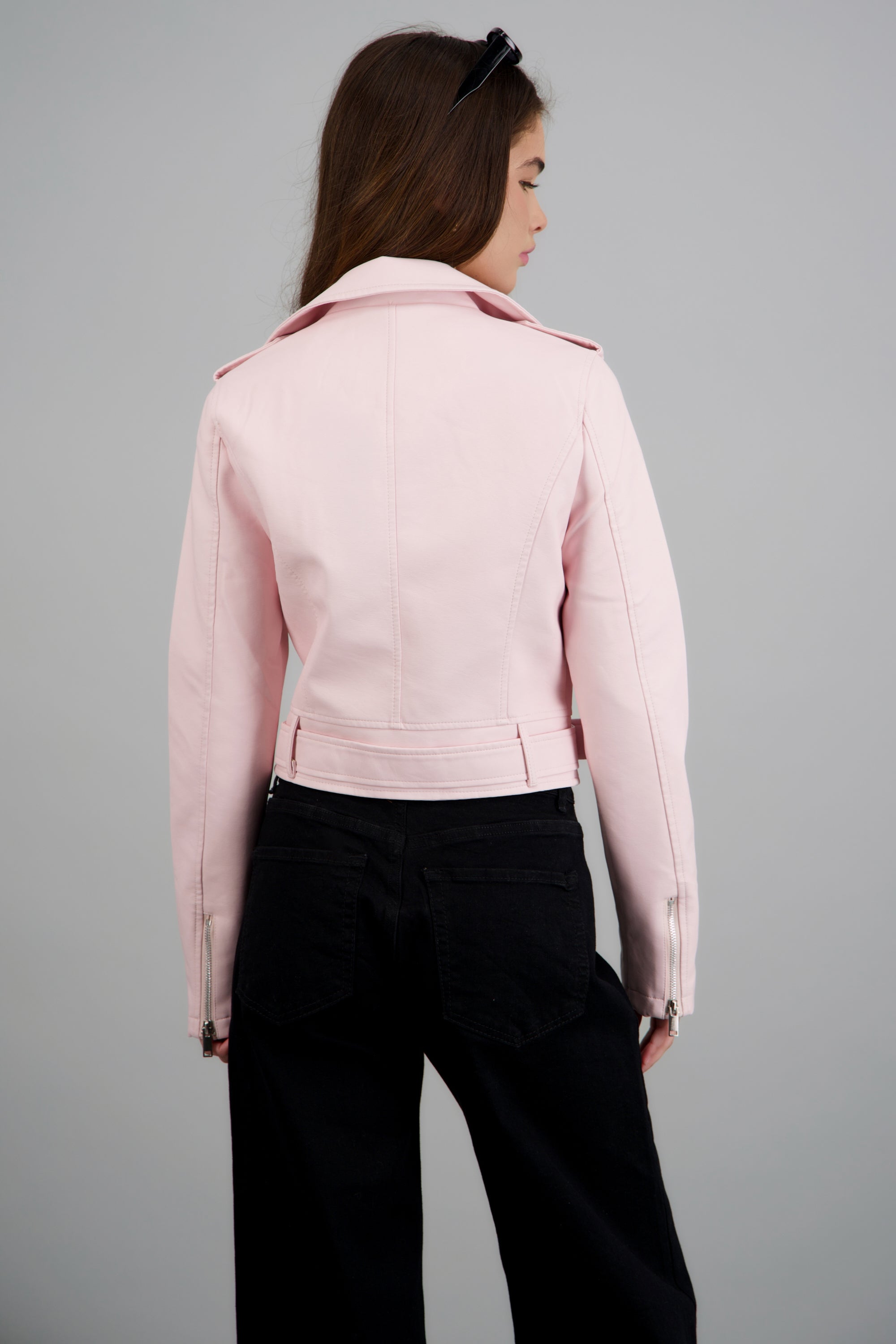 Chamarra Biker Efecto Piel Cierre ROSA PASTEL