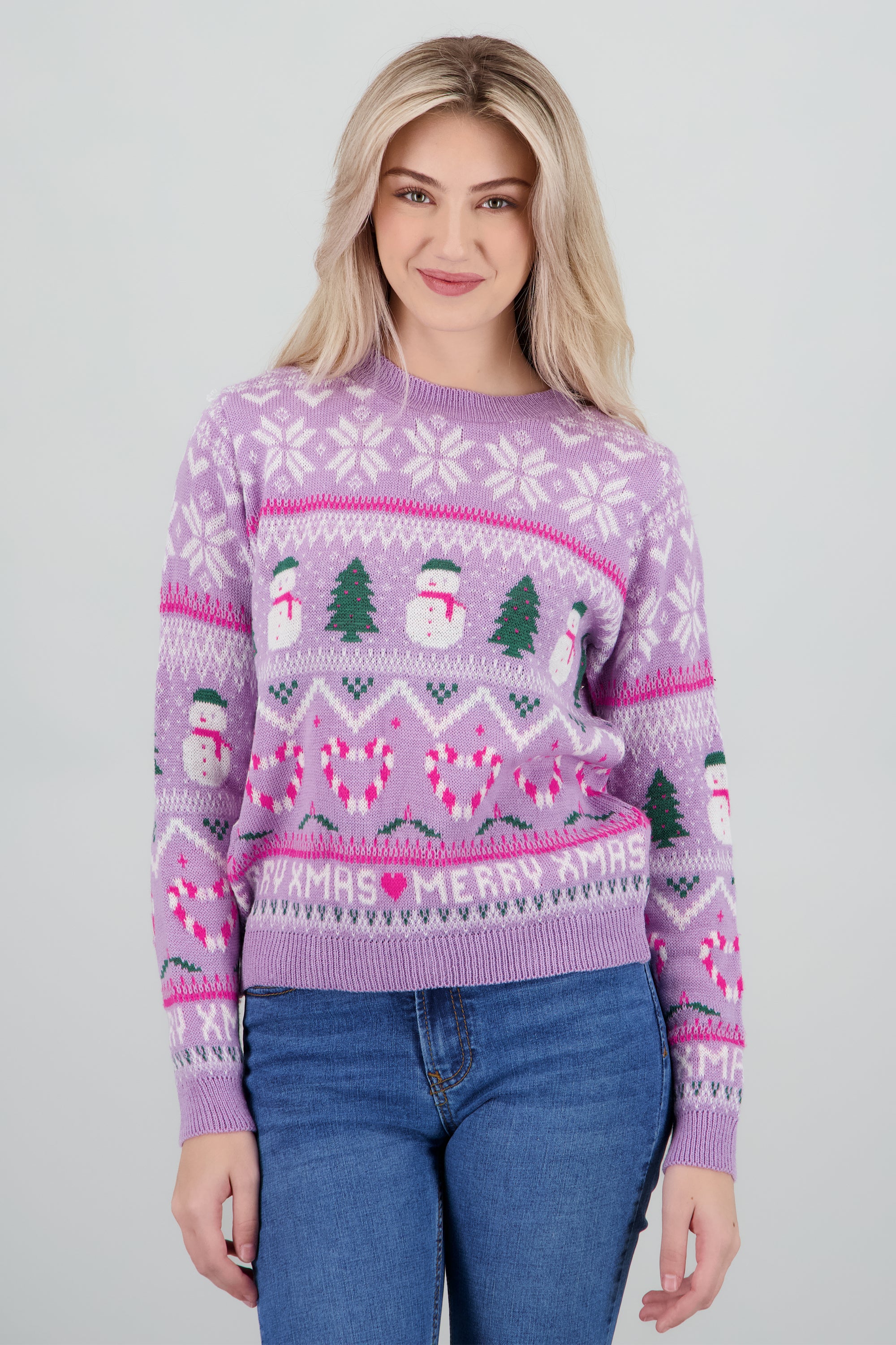 Suéter tejido muñeco nieve MORADO COMBO