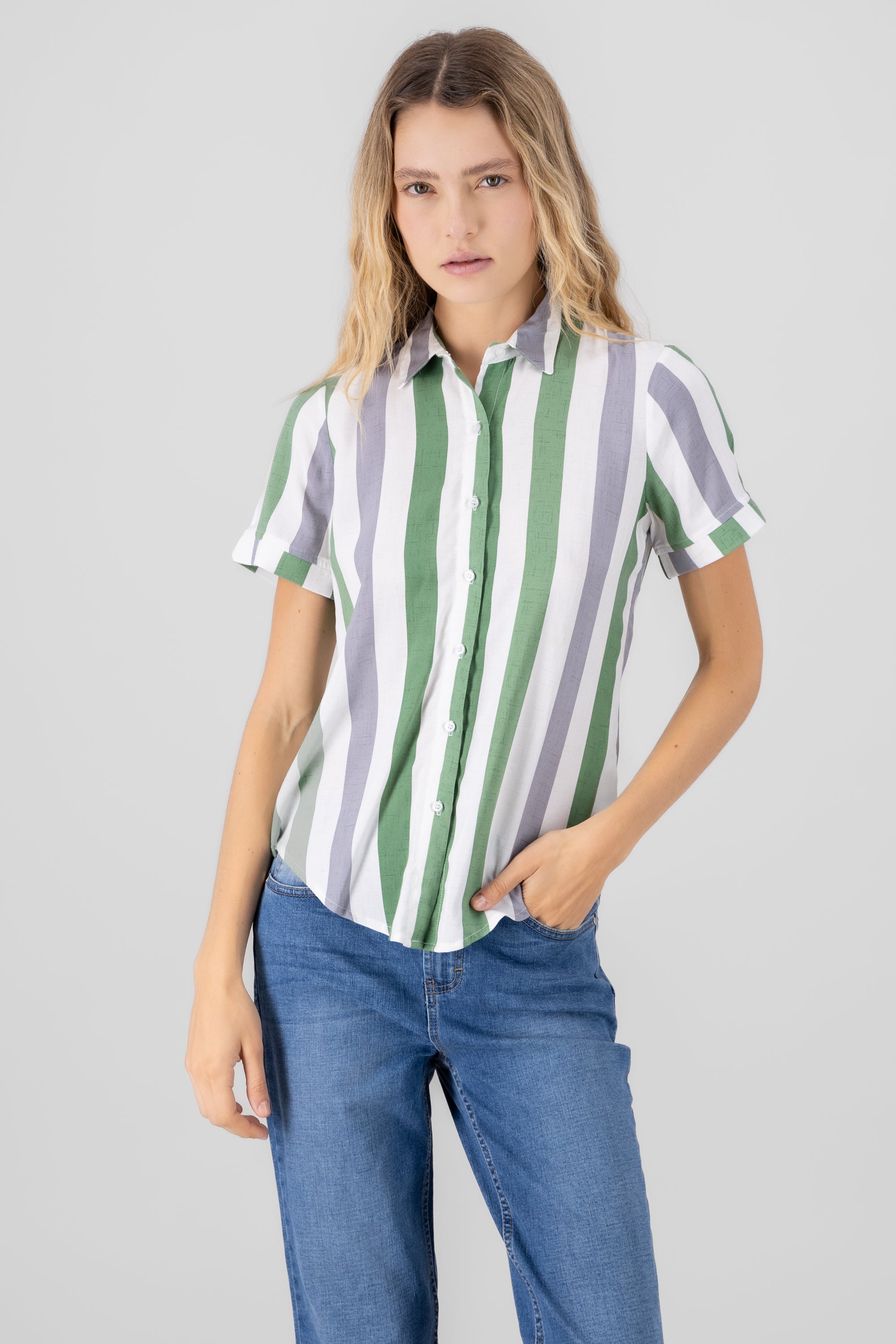 Camisa Manga Corta Rayada VERDE COMBO