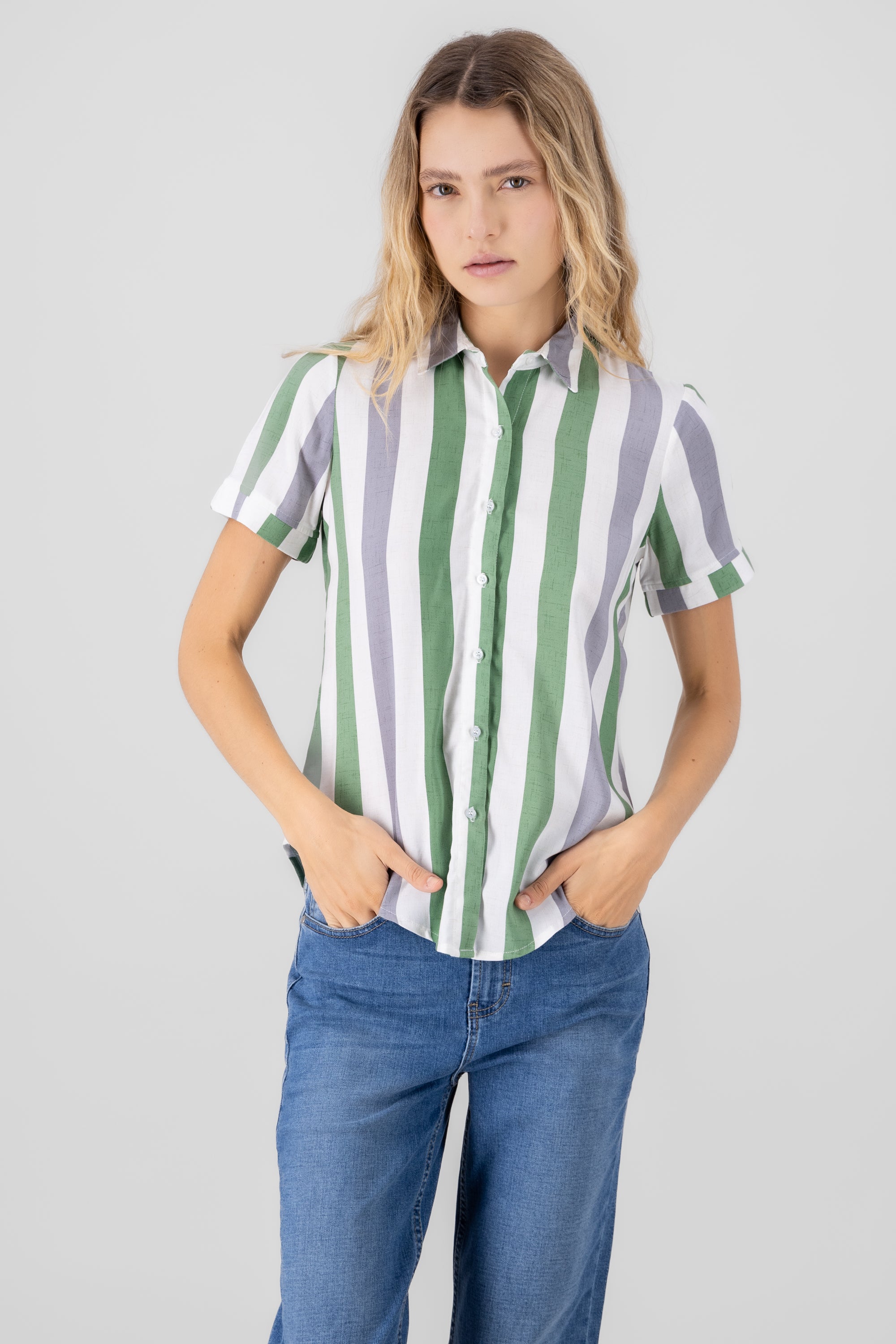 Camisa Manga Corta Rayada VERDE COMBO