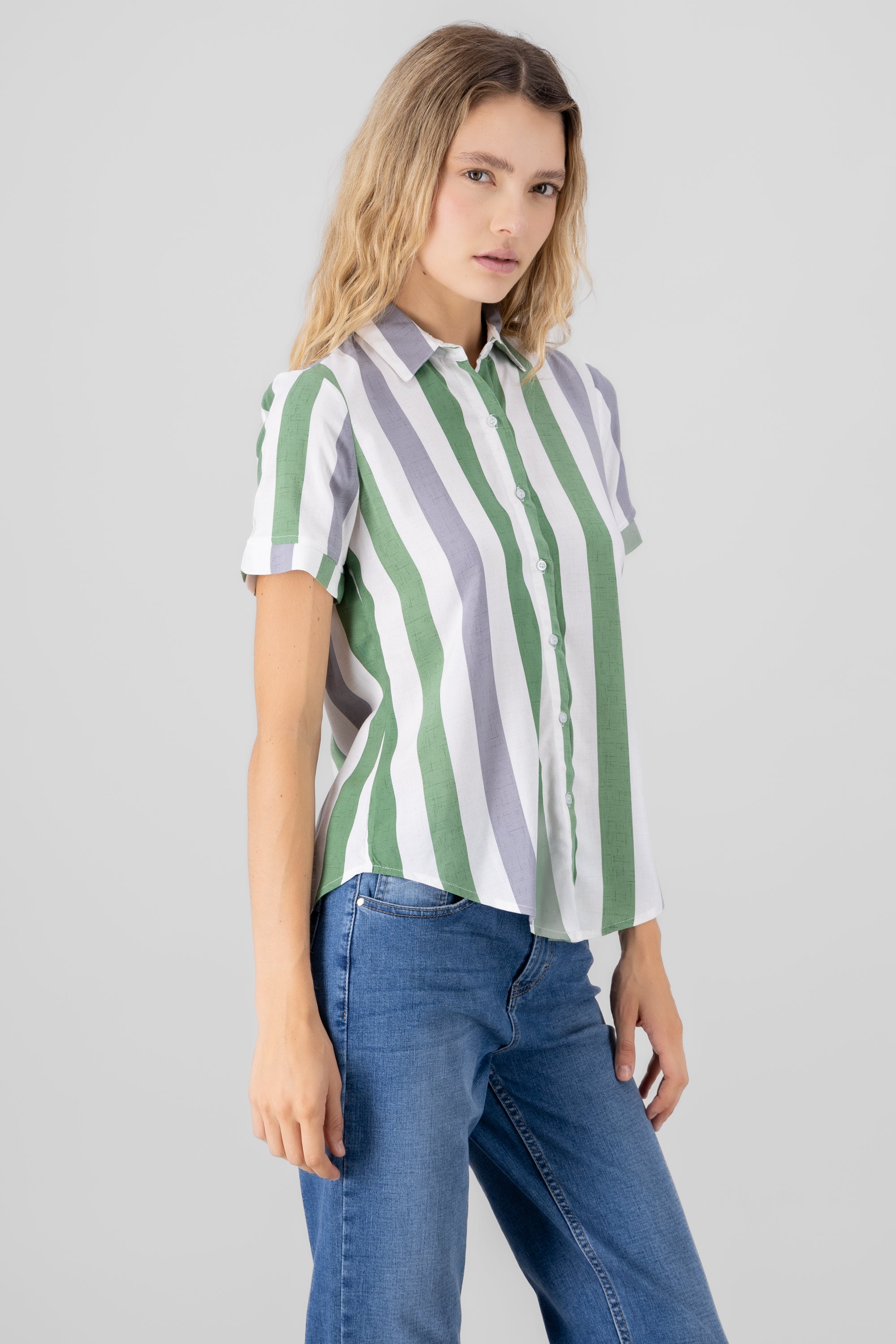 Camisa Manga Corta Rayada VERDE COMBO