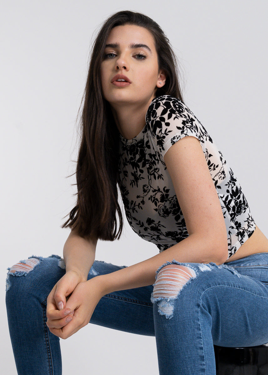 Top mesh flores flock HUESO