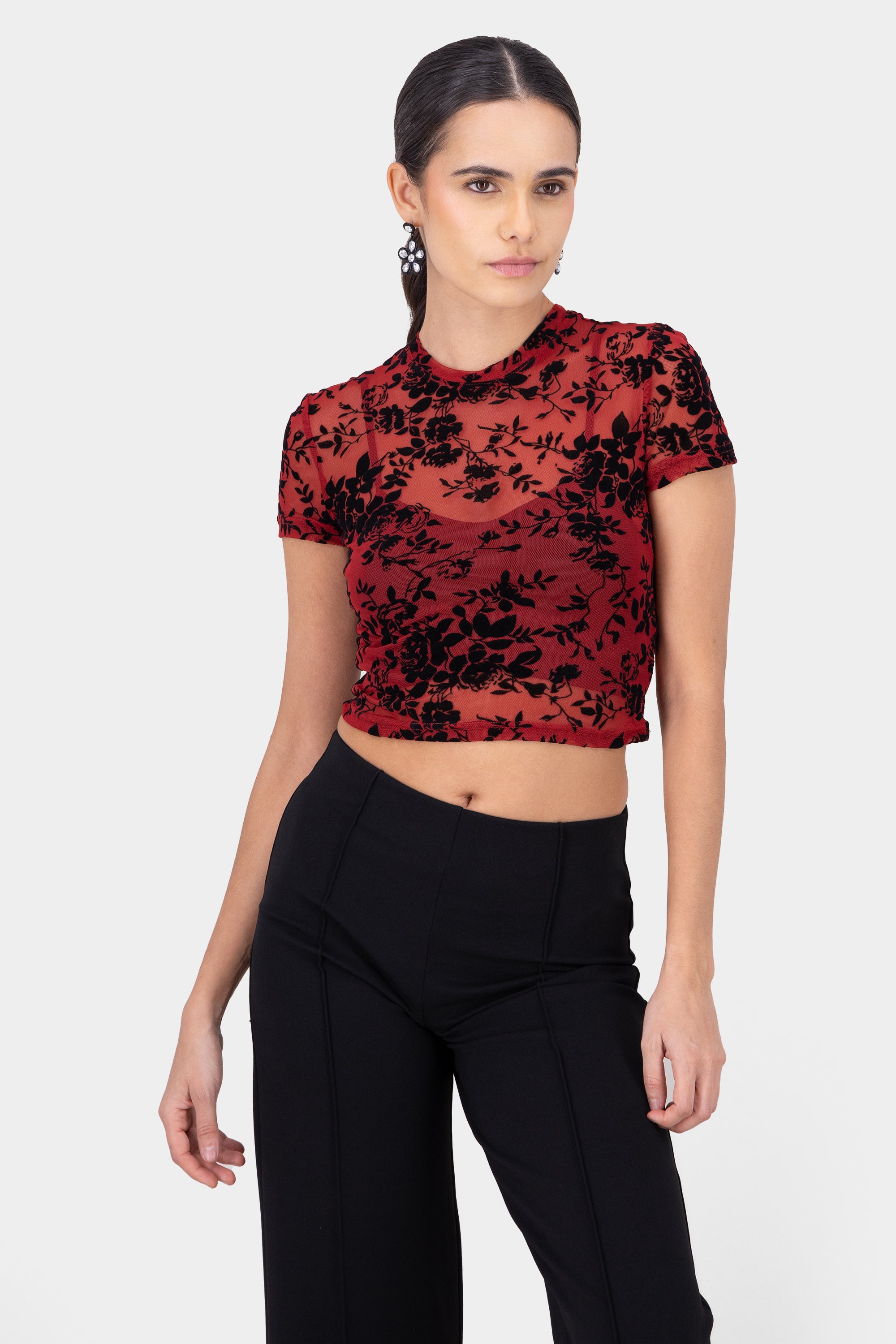 Top mesh flores flock ROJO CEREZA