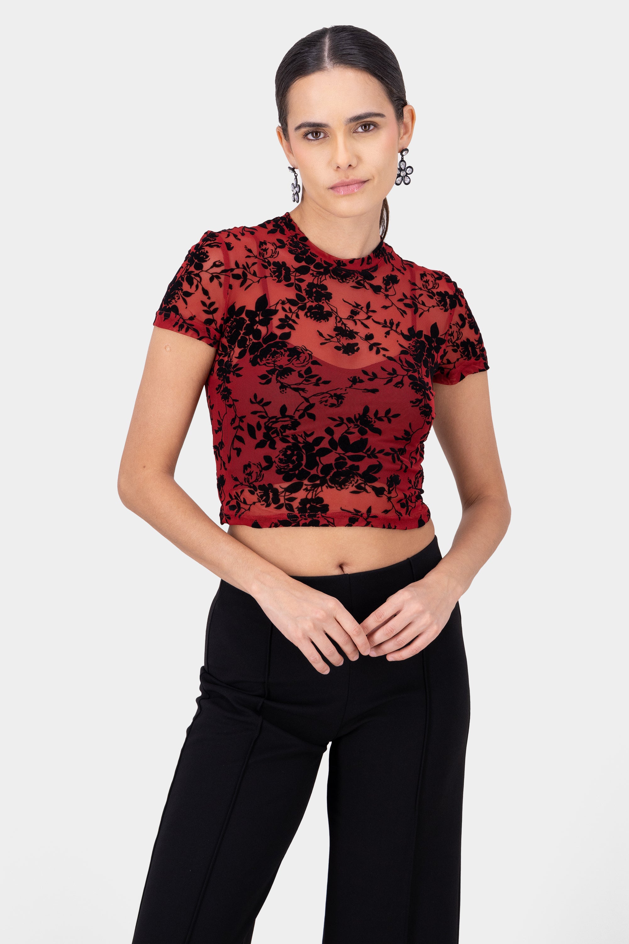 Top mesh flores flock ROJO CEREZA