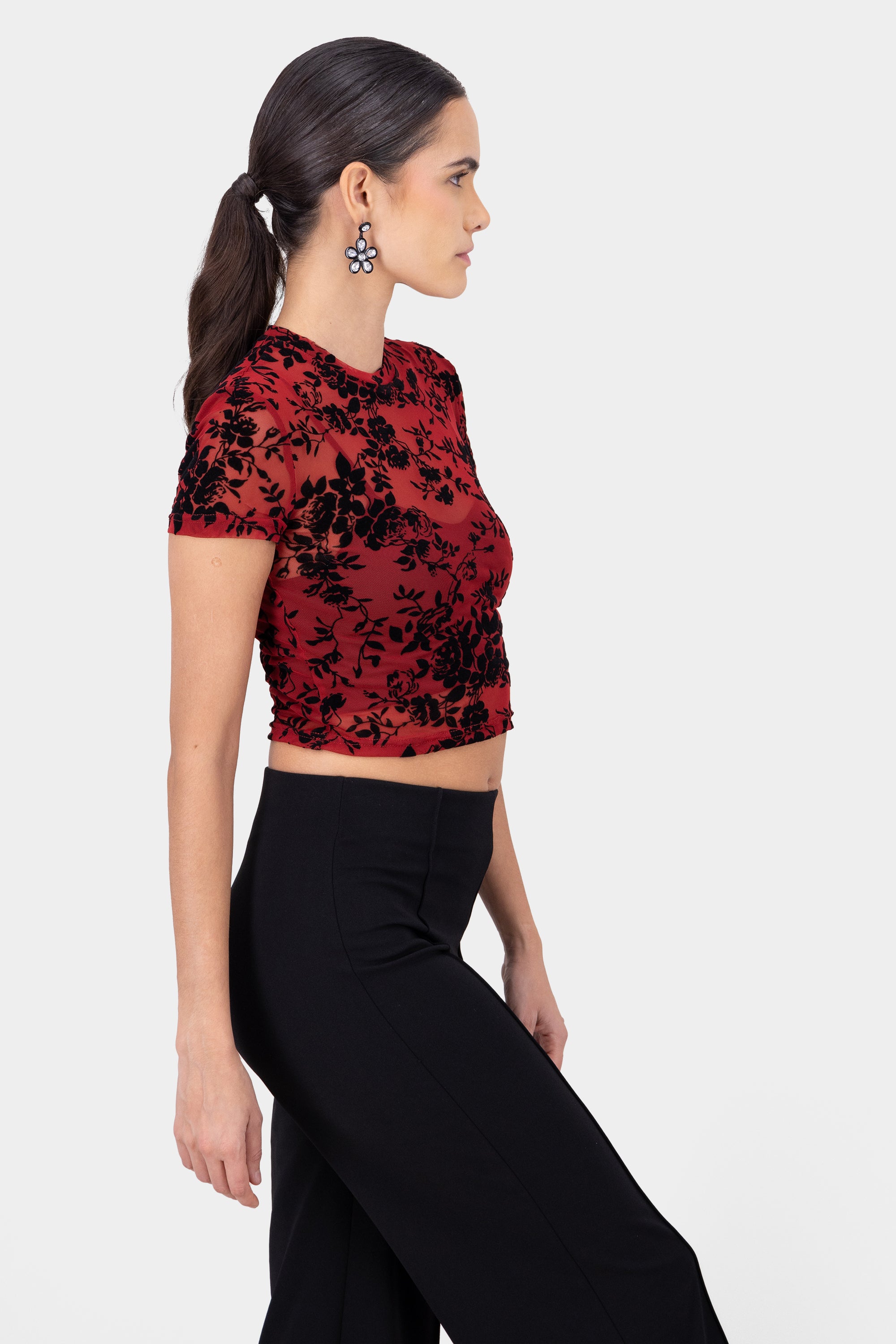 Top mesh flores flock ROJO CEREZA