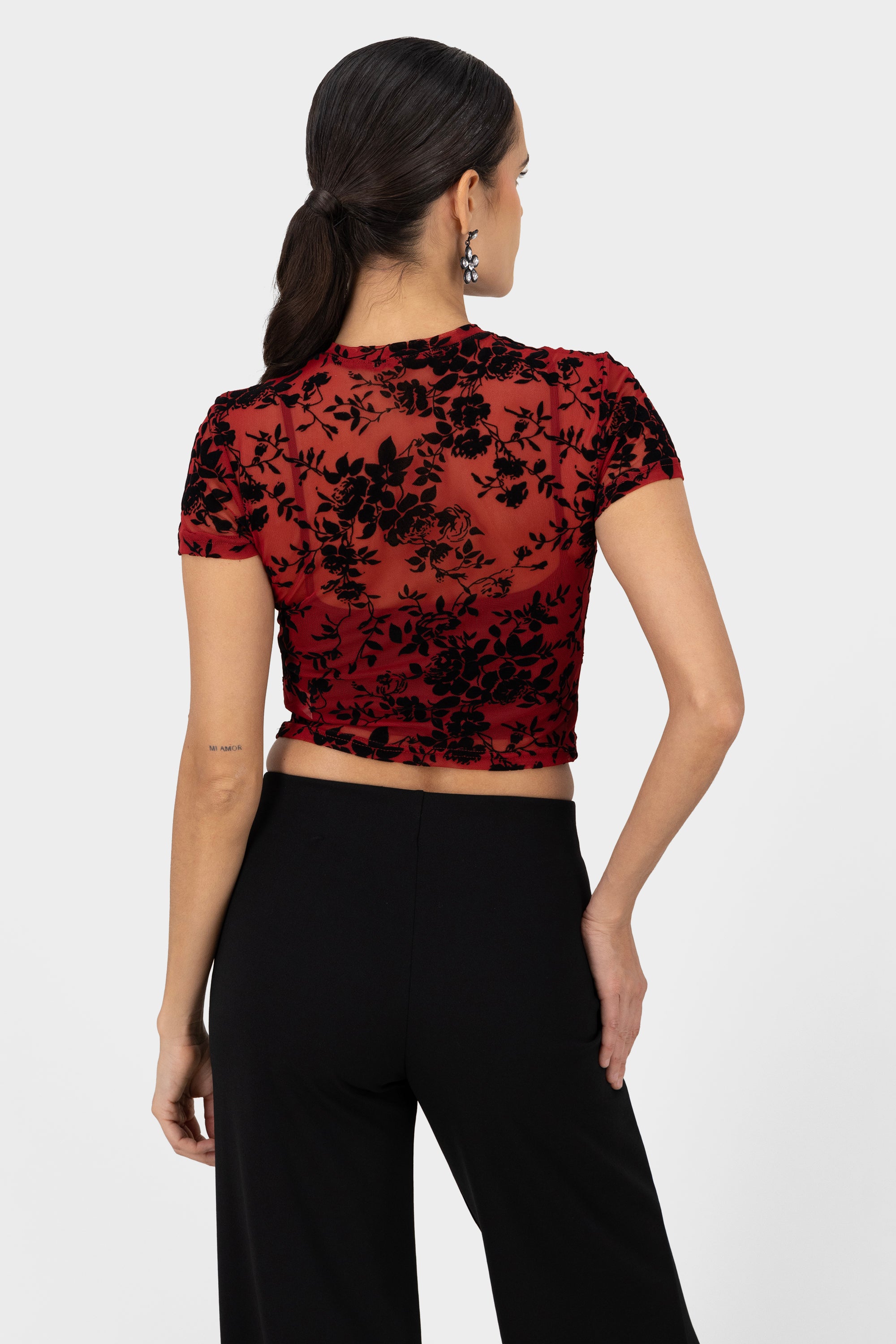 Top mesh flores flock ROJO CEREZA