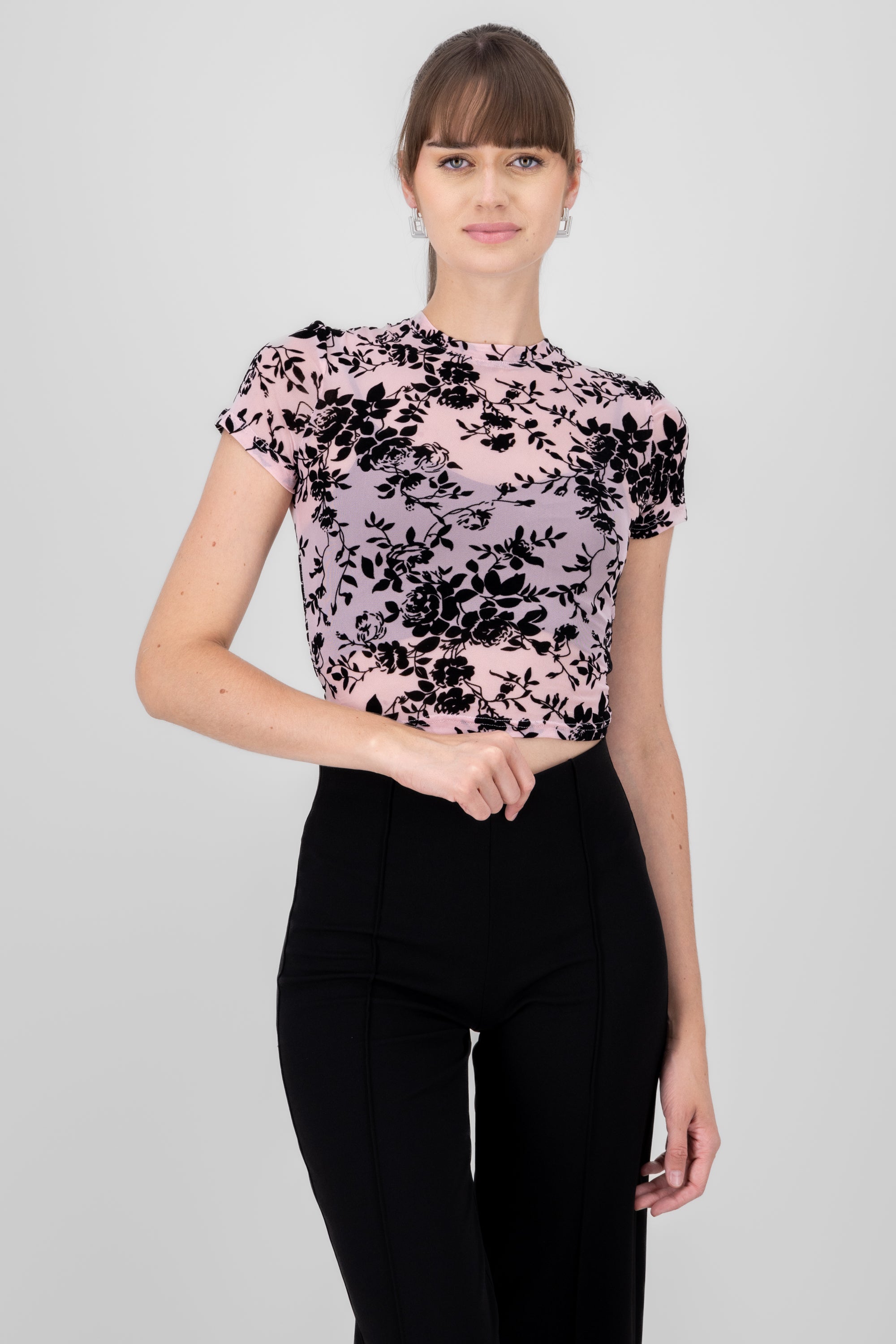 Top mesh flores flock ROSA PASTEL