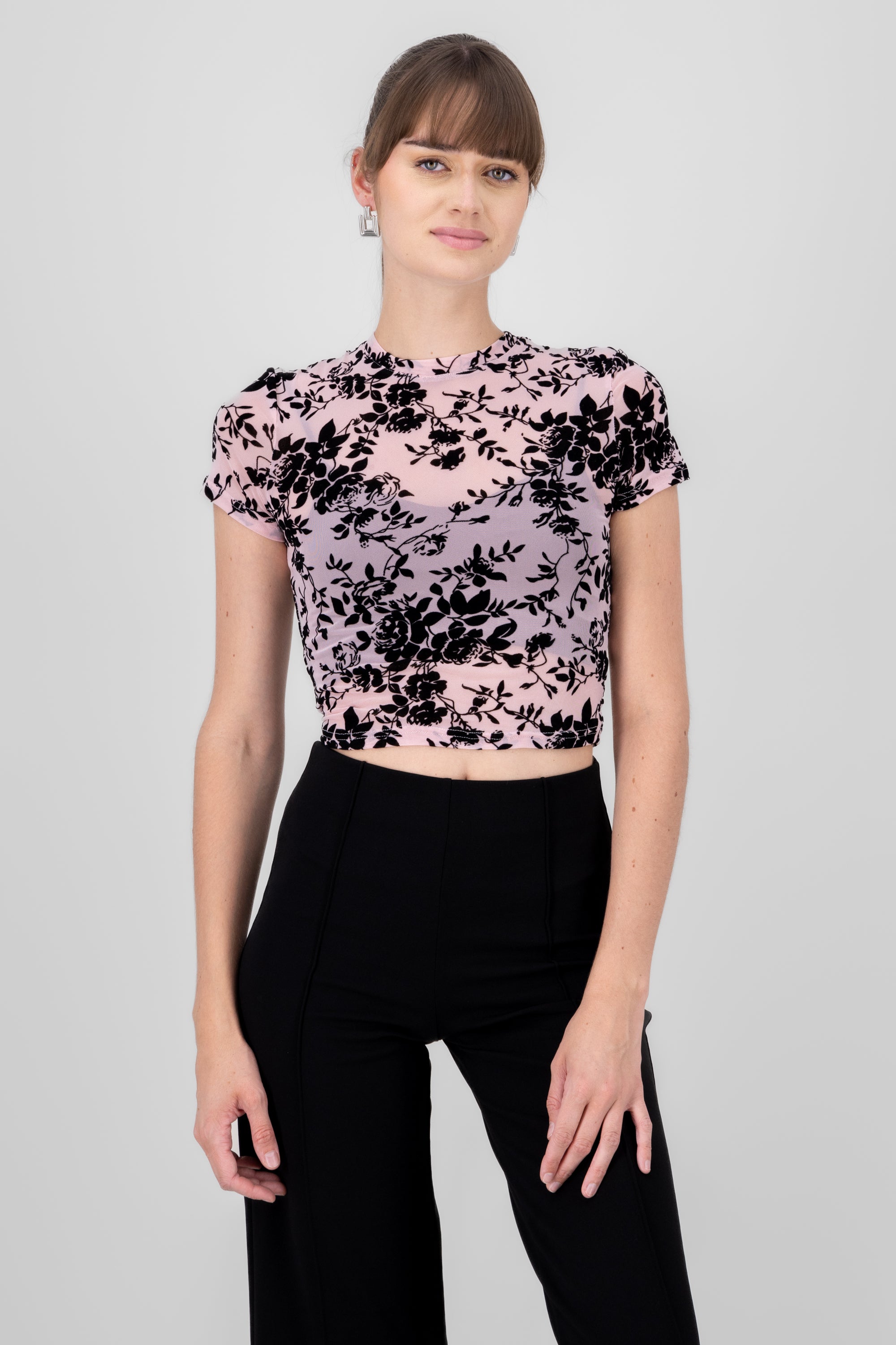 Top mesh flores flock ROSA PASTEL