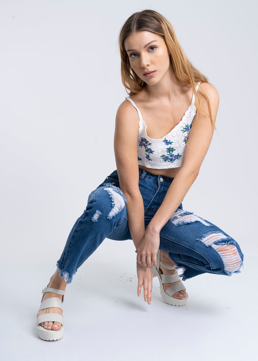 Jeans mom cintura alta super destrucción flecos DARK WASH