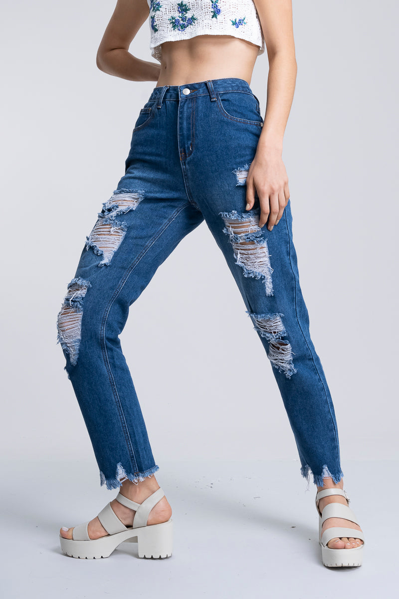 Jeans mom cintura alta super destrucción flecos DARK WASH