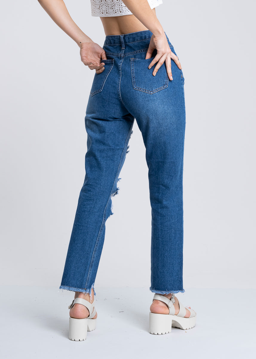 Jeans mom cintura alta super destrucción flecos DARK WASH