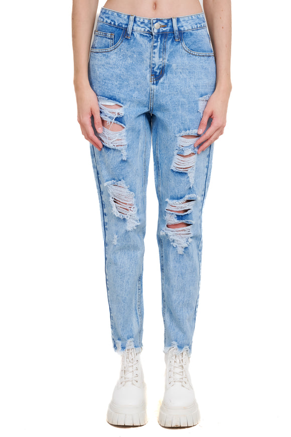 Jeans mom cintura alta super destrucción flecos