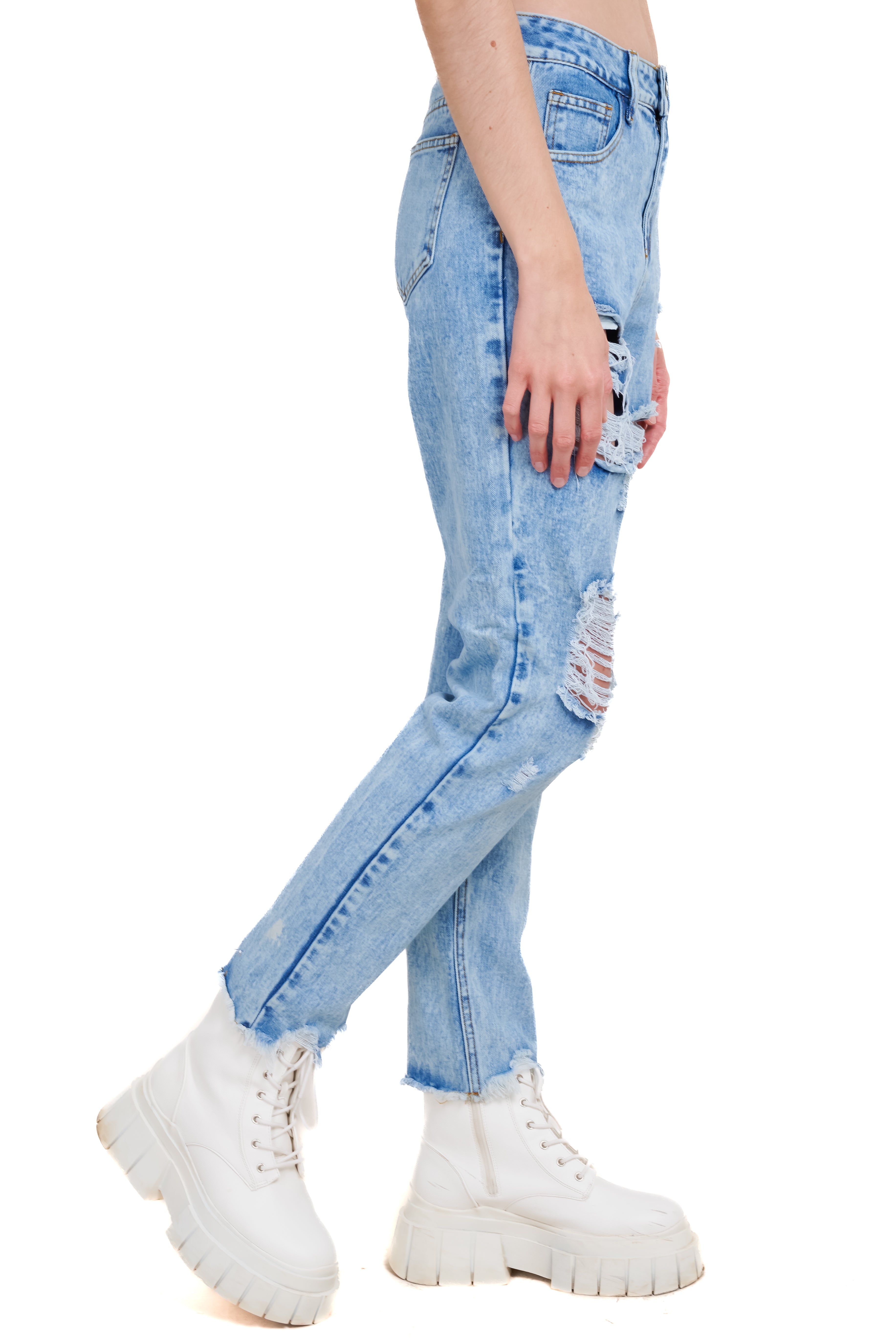 Jeans mom cintura alta super destrucción flecos ACID WASH