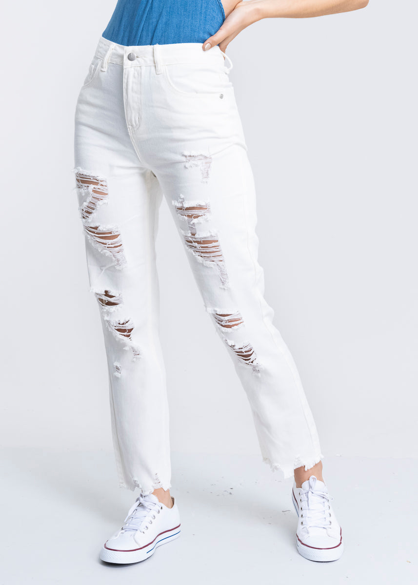 Jeans mom cintura alta super destrucción flecos BLANCO
