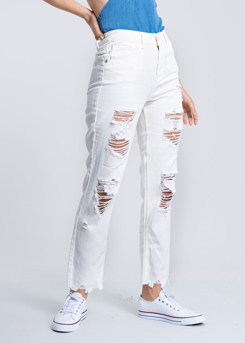 Jeans mom cintura alta super destrucción flecos BLANCO