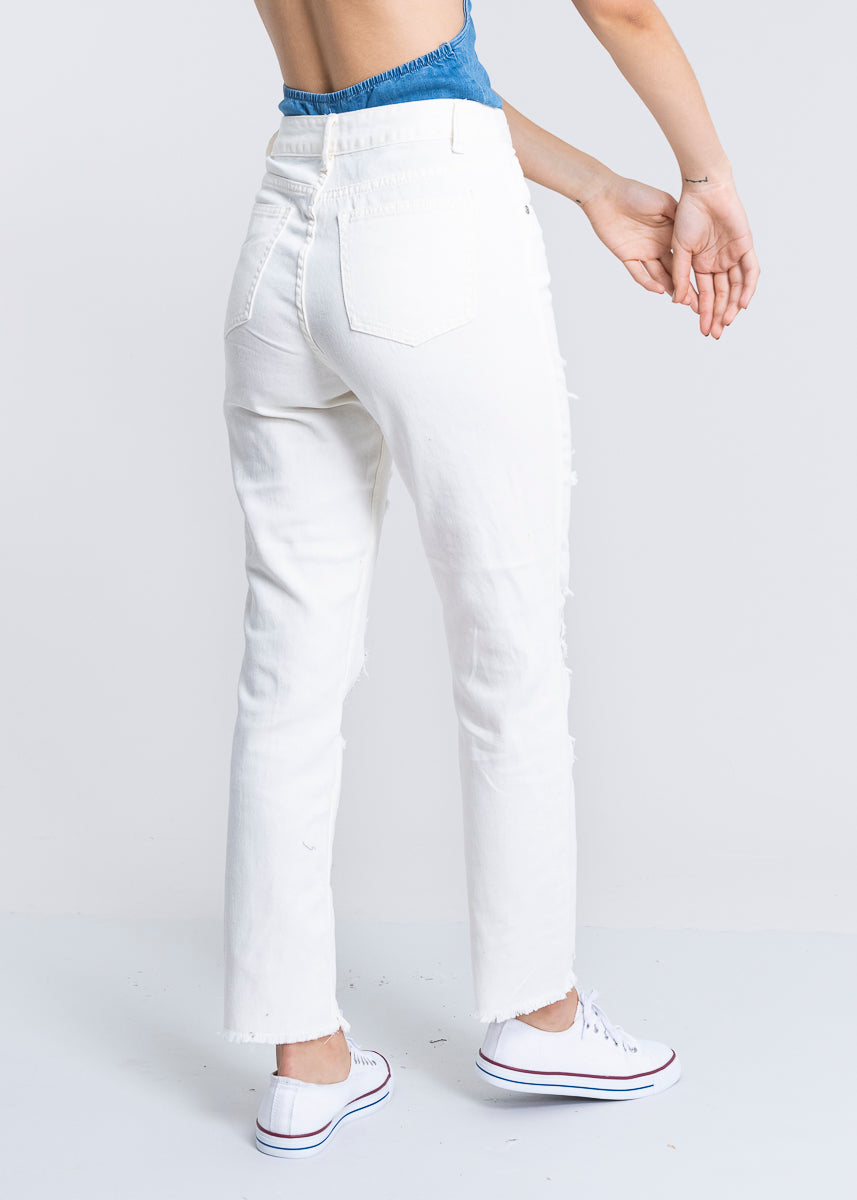 Jeans mom cintura alta super destrucción flecos BLANCO