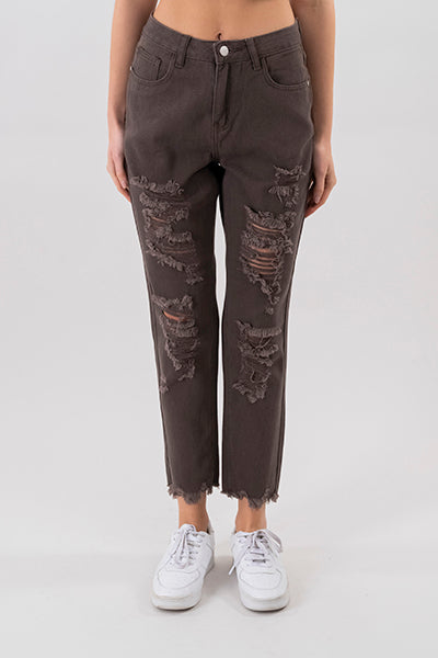 Jeans mom cintura alta super destrucción flecos CHOCOLATE