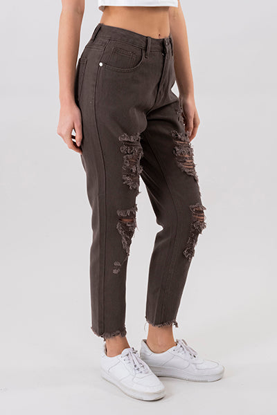 Jeans mom cintura alta super destrucción flecos CHOCOLATE