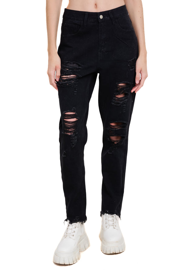 Jeans mom cintura alta super destrucción flecos