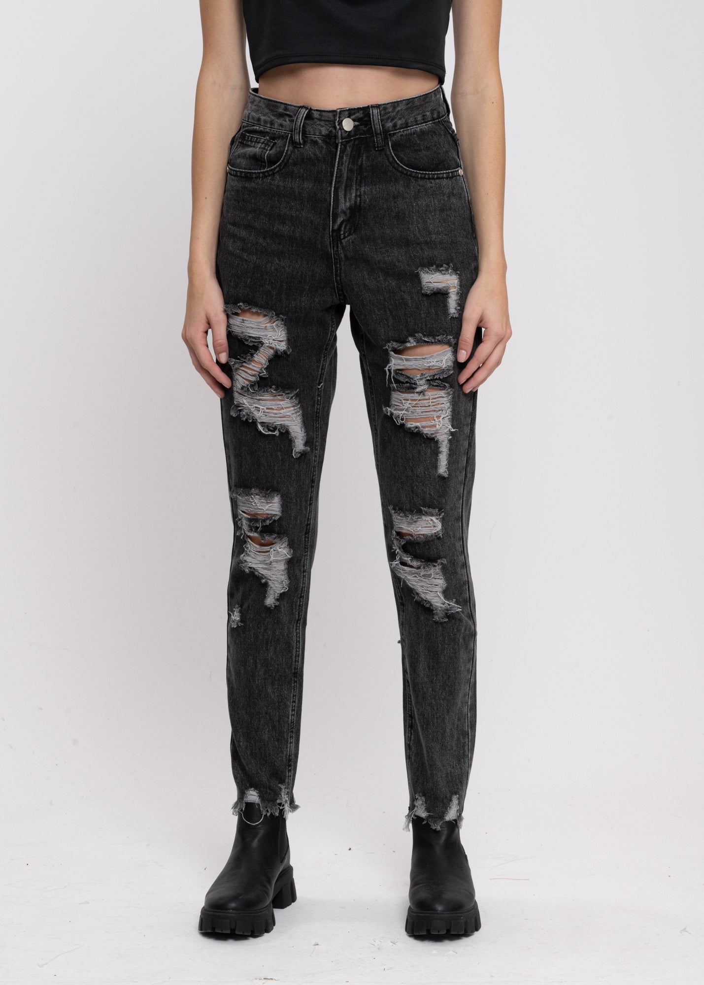 Jeans mom cintura alta super destrucción flecos GRIS