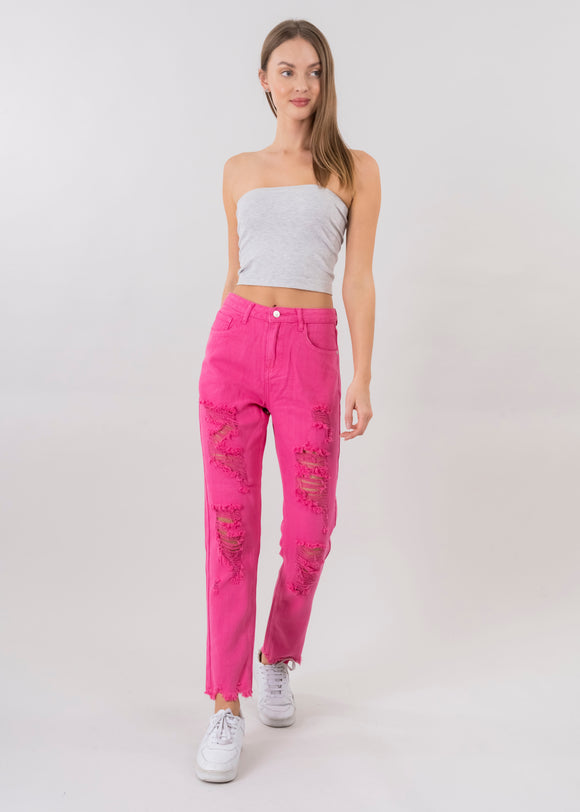 Jeans mom cintura alta super destrucción flecos