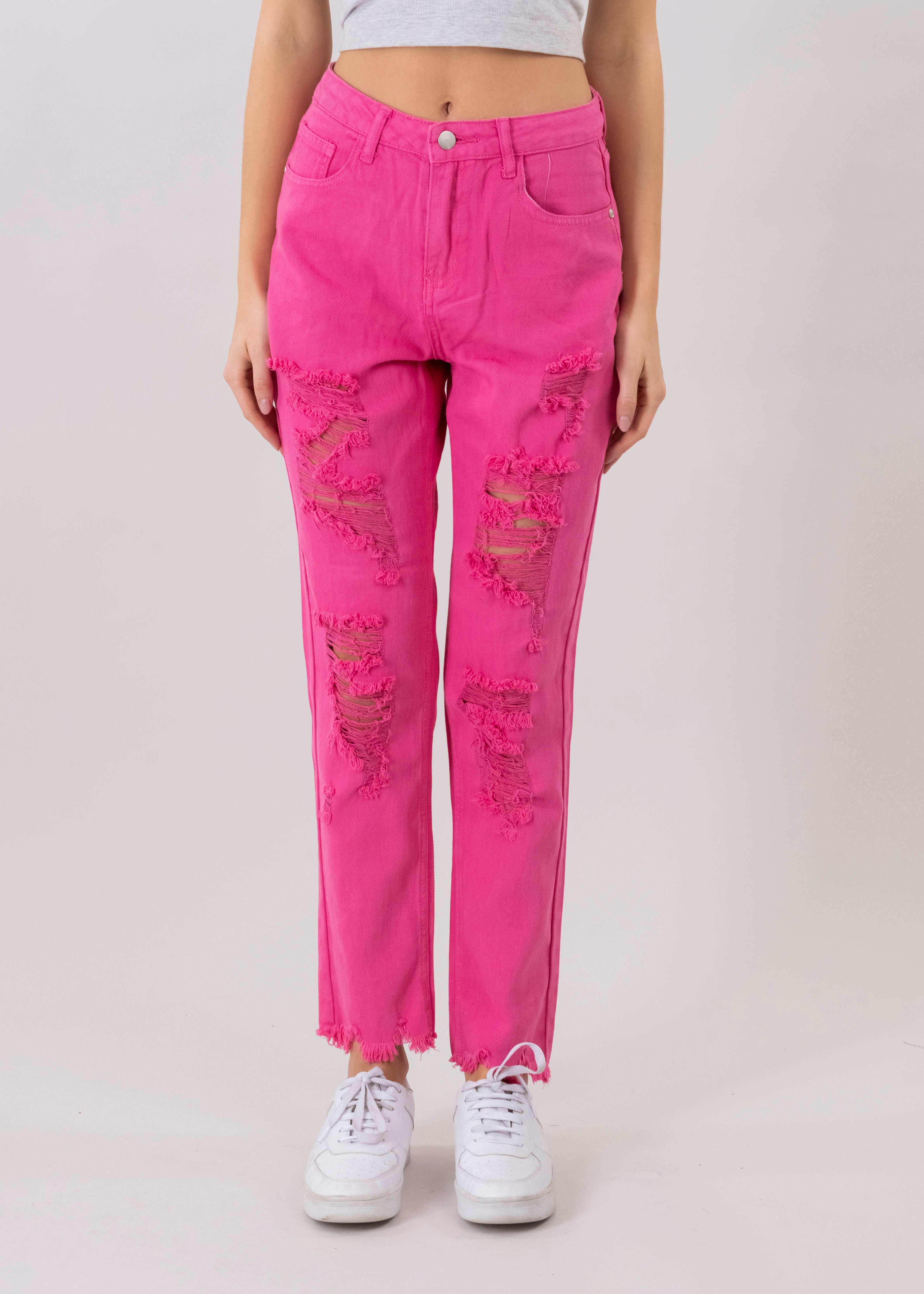 Jeans mom cintura alta super destrucción flecos ROSA