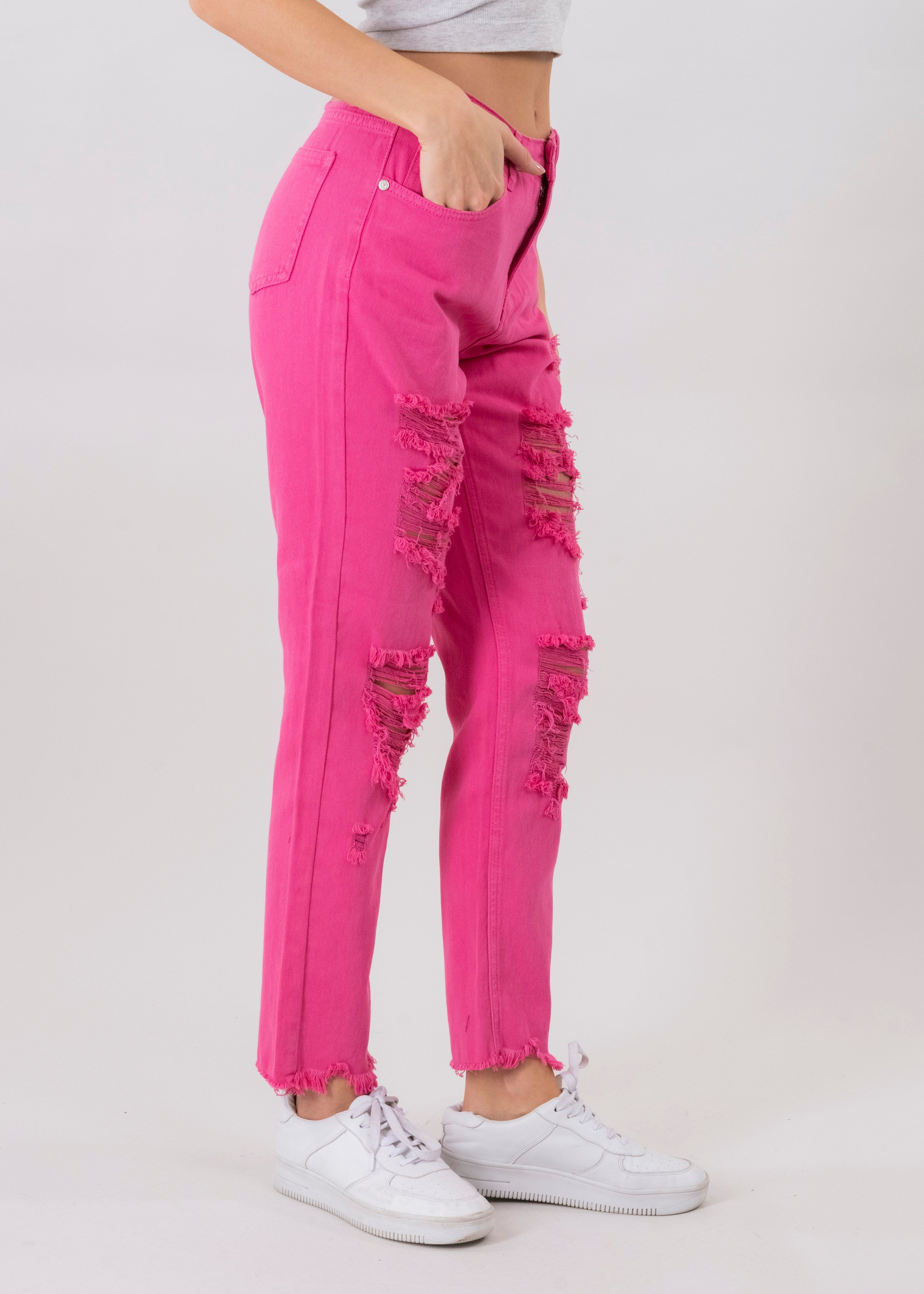 Jeans mom cintura alta super destrucción flecos ROSA