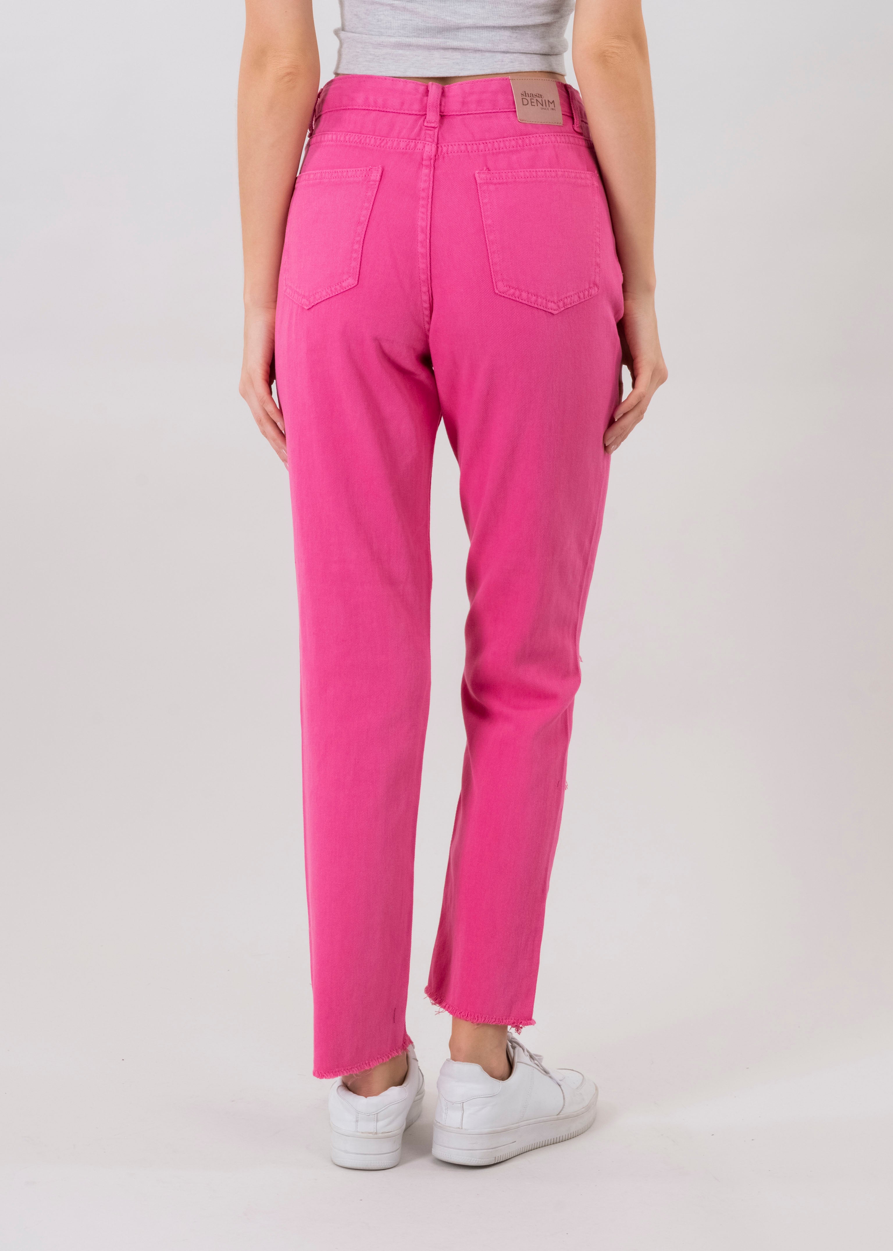 Jeans mom cintura alta super destrucción flecos ROSA