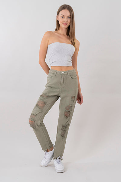 Jeans mom cintura alta super destrucción flecos