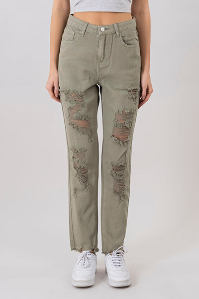 Jeans mom cintura alta super destrucción flecos OLIVO