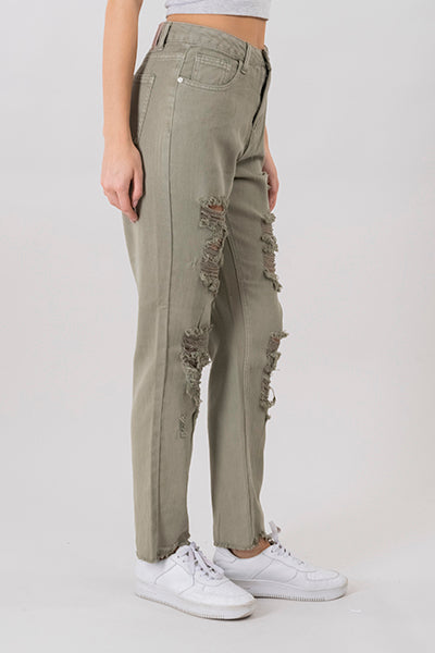 Jeans mom cintura alta super destrucción flecos OLIVO