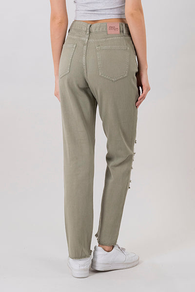 Jeans mom cintura alta super destrucción flecos OLIVO