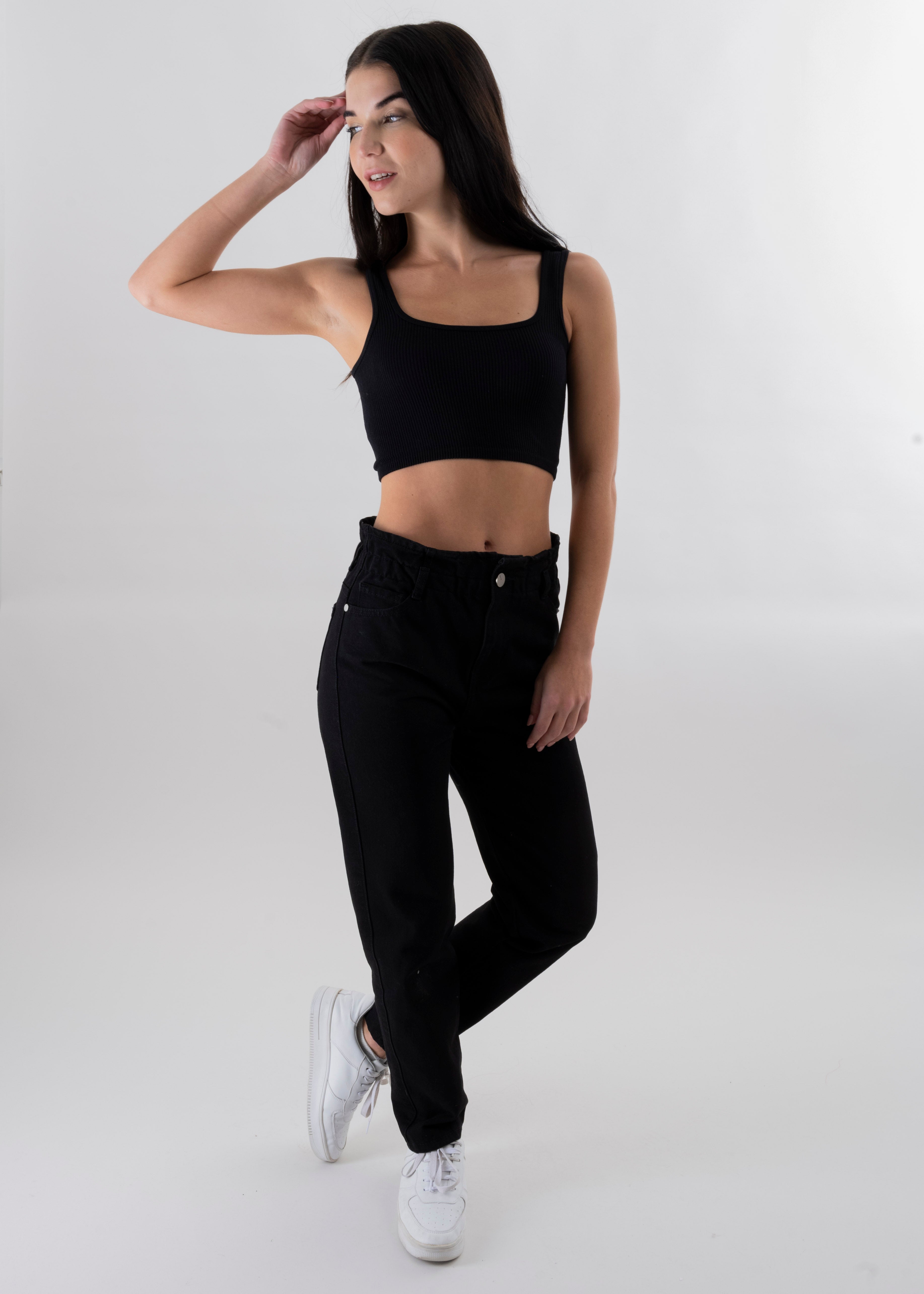 Jeans paper bag cintura alta NEGRO