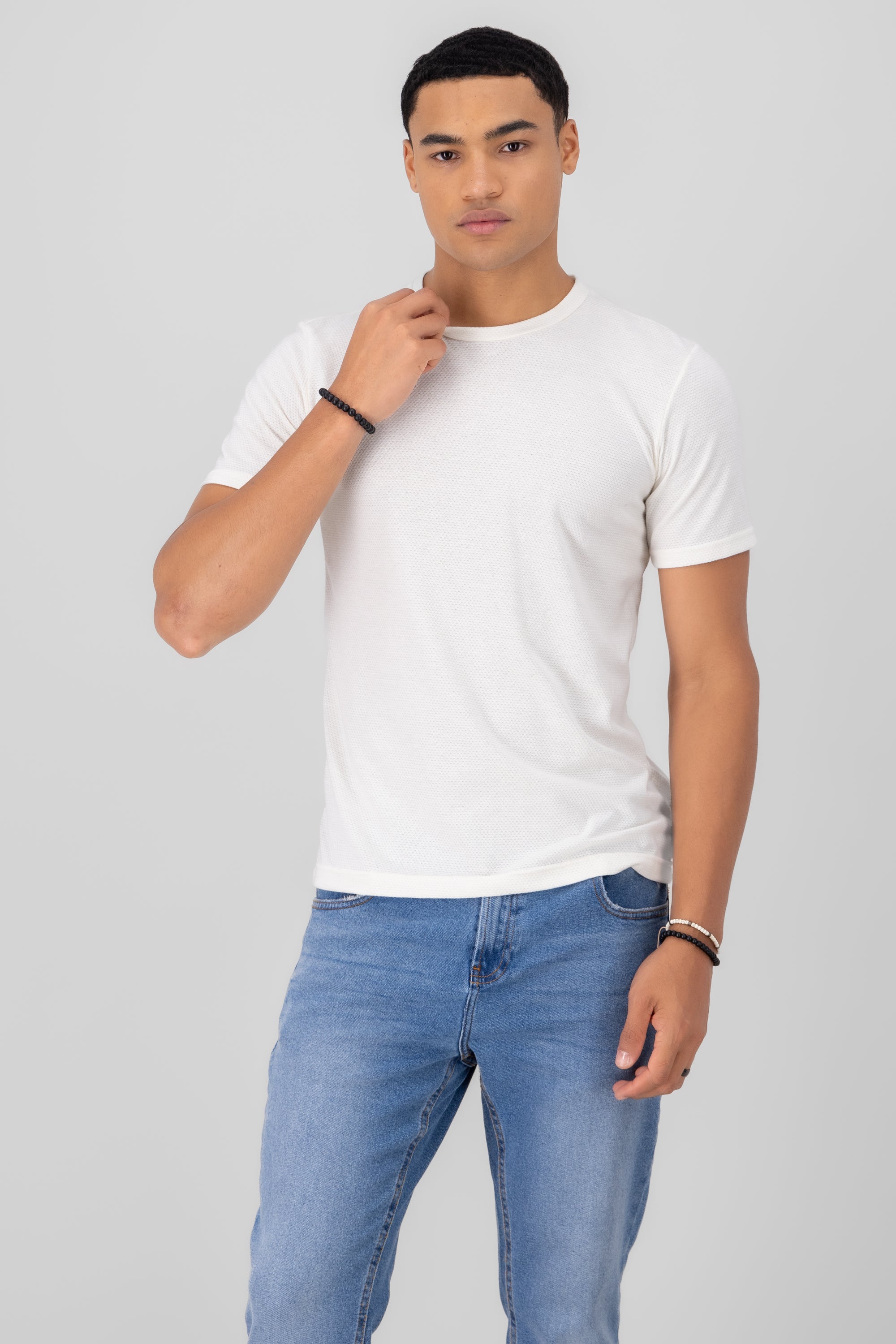 Playera cuello redondo textura waffle BLANCO