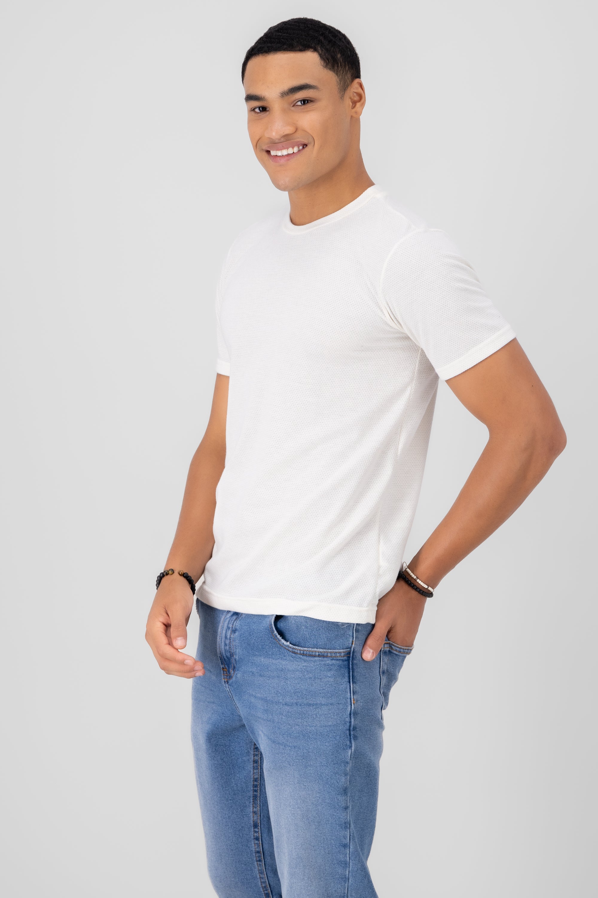 Playera cuello redondo textura waffle BLANCO