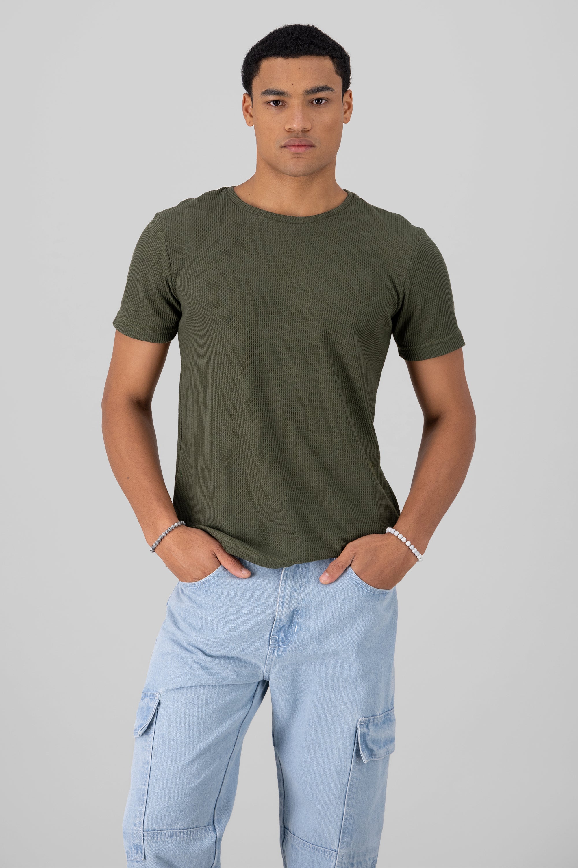 Playera cuello redondo textura waffle OLIVO