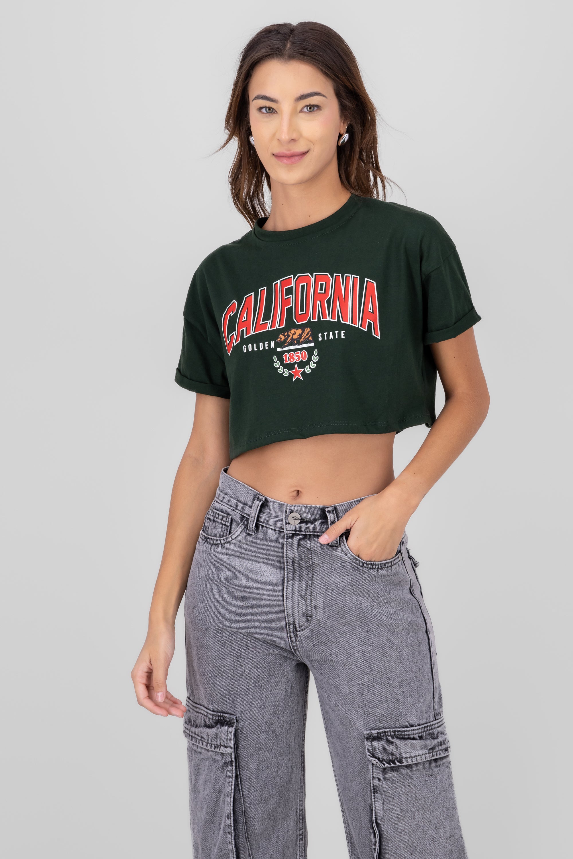 Playera Crop California VERDE BOTELLA